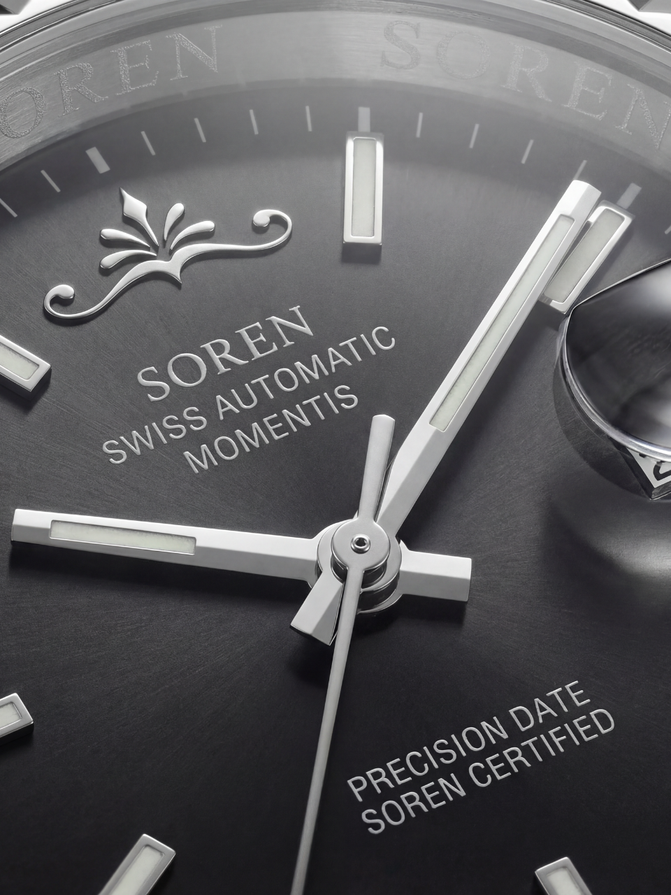 SOREN Momentis watch dial close-up — hour markers, hands and Swiss Made automatic movement text explained