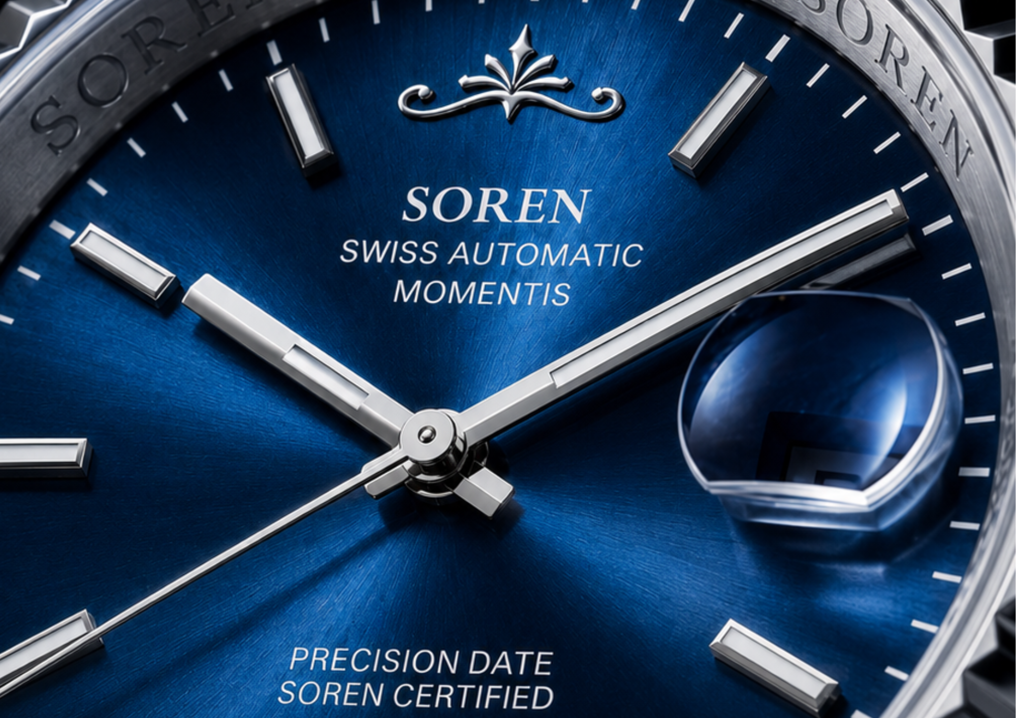 Close-up of the blue sunburst dial of a SOREN Momentis Swiss automatic watch