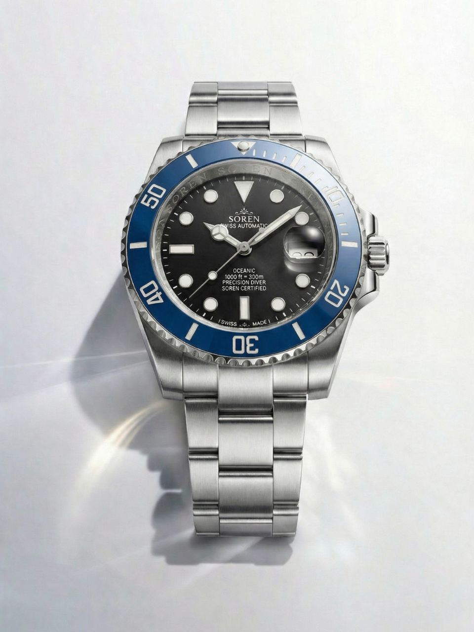 Soren Oceanic Blue 40mm case — 316L stainless steel, ceramic bezel