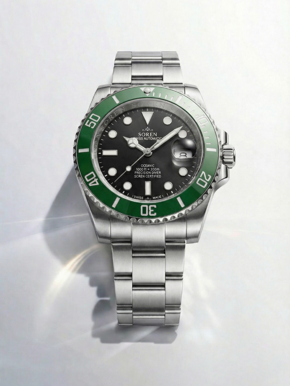 Soren Oceanic Green 40mm case — 316L stainless steel, ceramic bezel