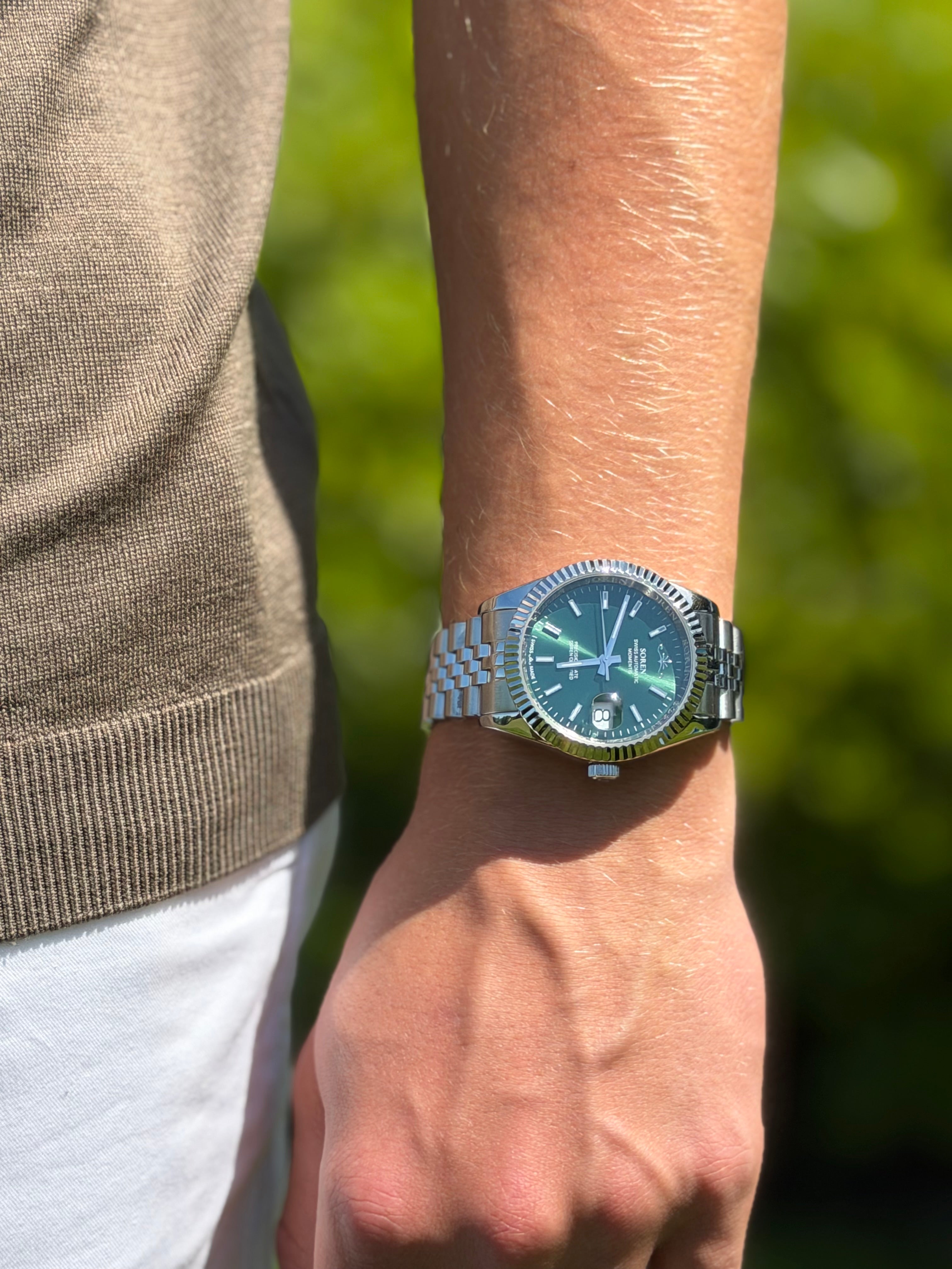 Soren Momentis Green wrist shot — jubilee bracelet detail