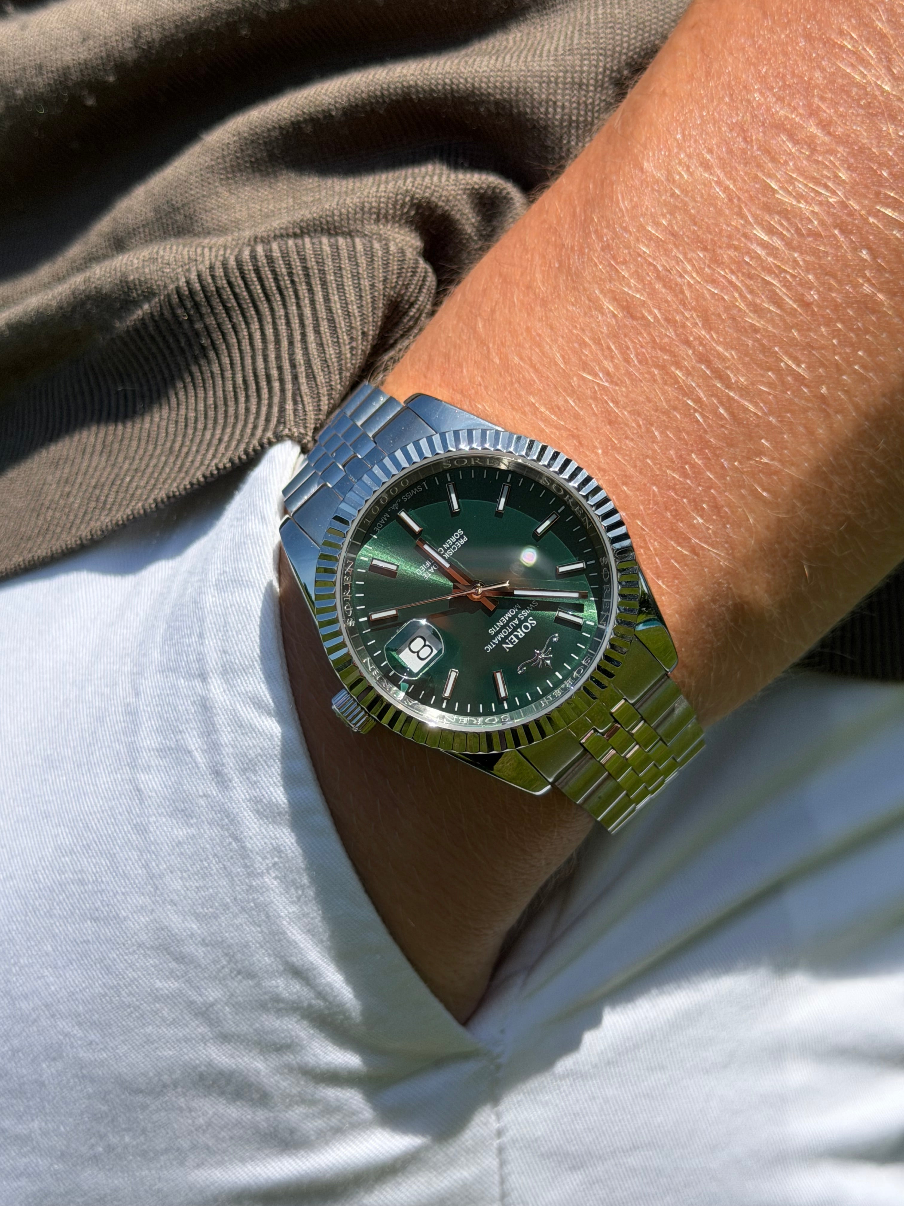 Soren Momentis Green on wrist — Swiss Made automatic, jubilee bracelet