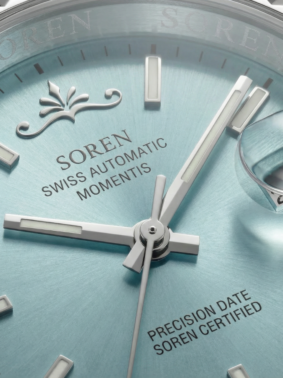 Soren Momentis Ice Blue dial close-up — sapphire crystal, date at 3 o'clock