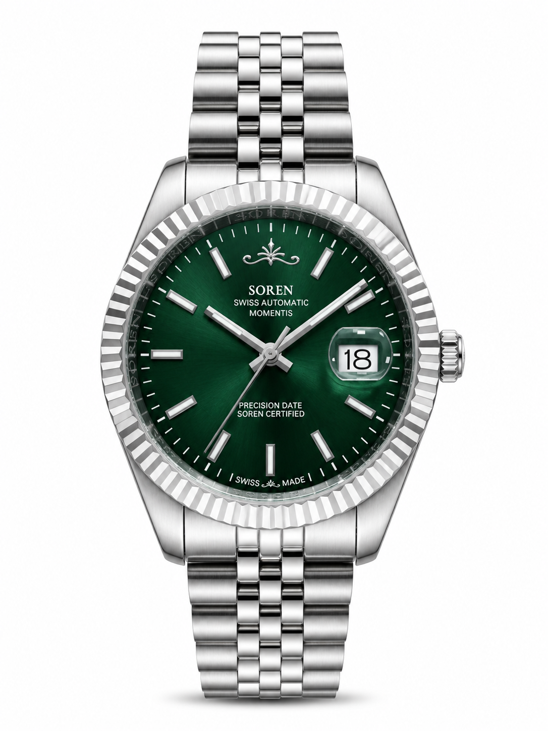 Soren Momentis Green Swiss Made automatic watch — jubilee bracelet, fluted bezel, 40mm