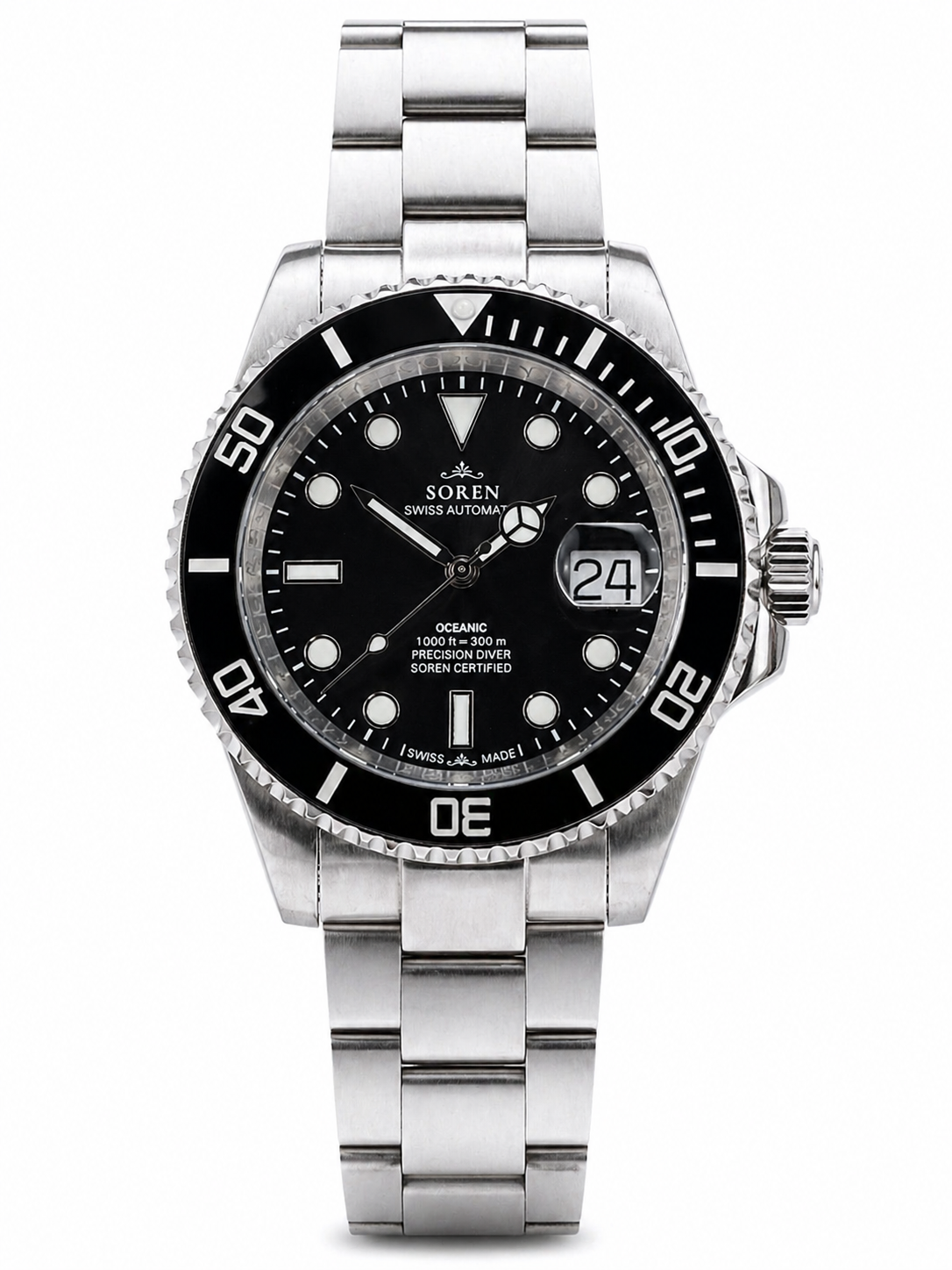 Soren Oceanic Black Swiss Made automatic watch — oyster bracelet, ceramic bezel, 40mm