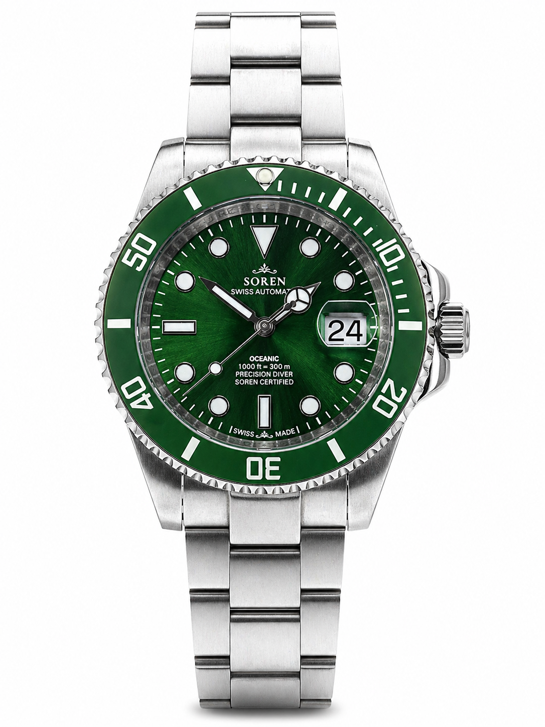 Soren Oceanic All Green Swiss Made automatic watch — oyster bracelet, ceramic bezel, 40mm