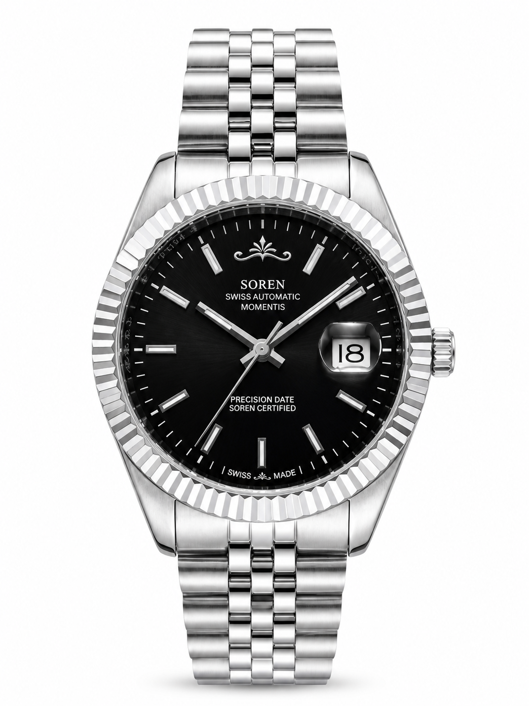 Soren Momentis Black Swiss Made automatic watch — jubilee bracelet, fluted bezel, 40mm