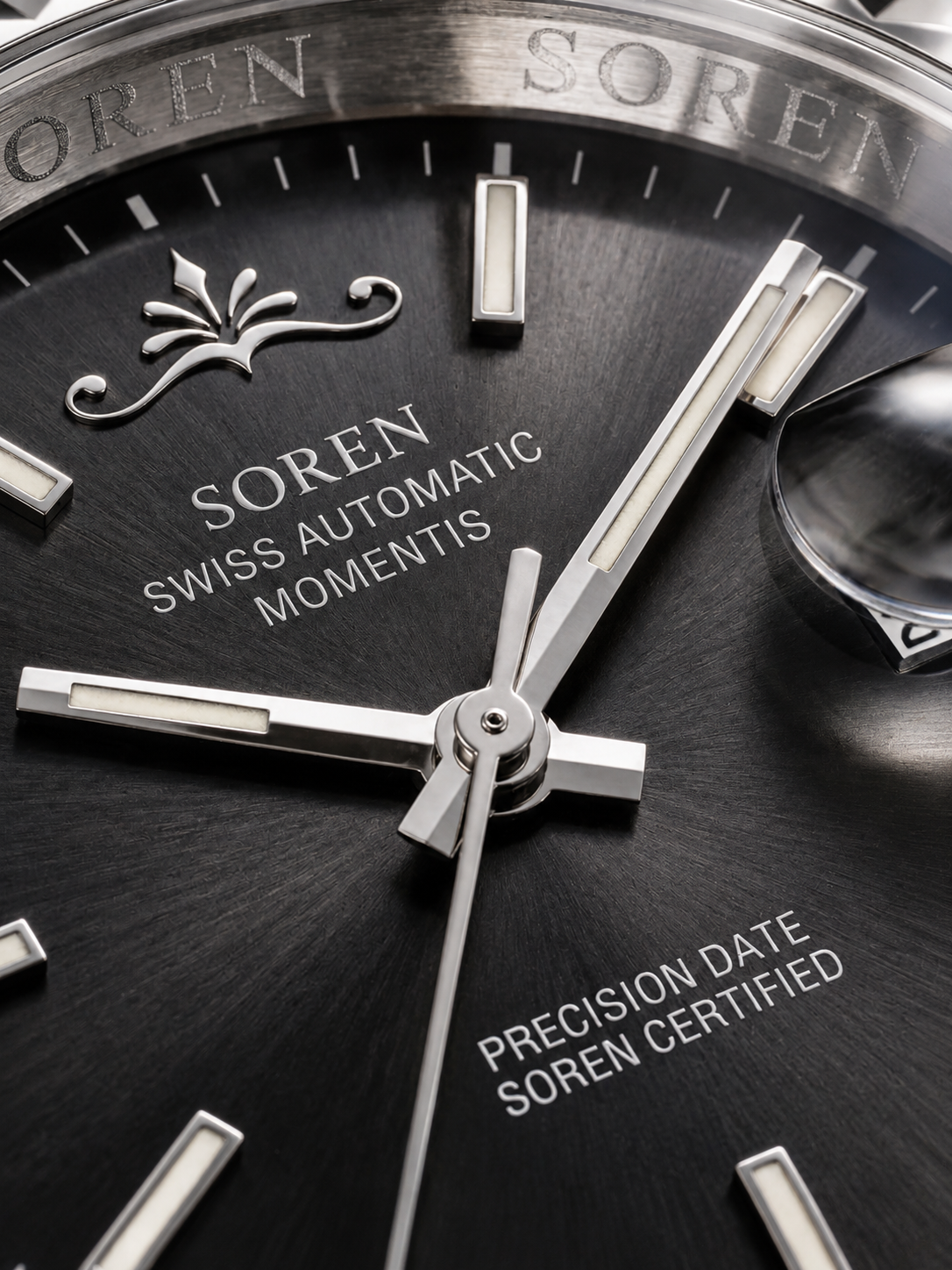 Soren Momentis Black dial close-up — sapphire crystal, date at 3 o'clock