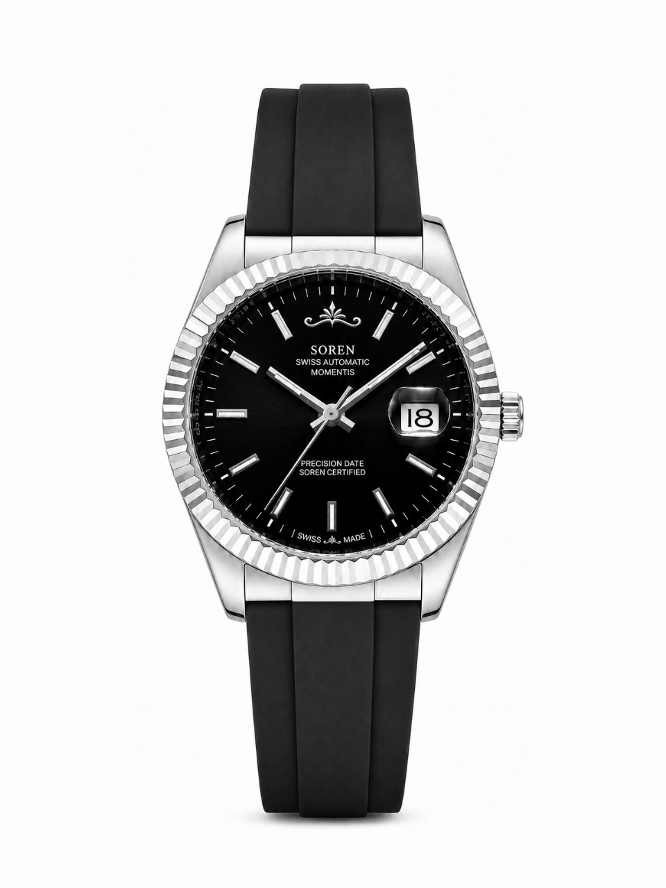 Soren Momentis Black Swiss Made automatic watch — FKM rubber bracelet, fluted bezel, 40mm