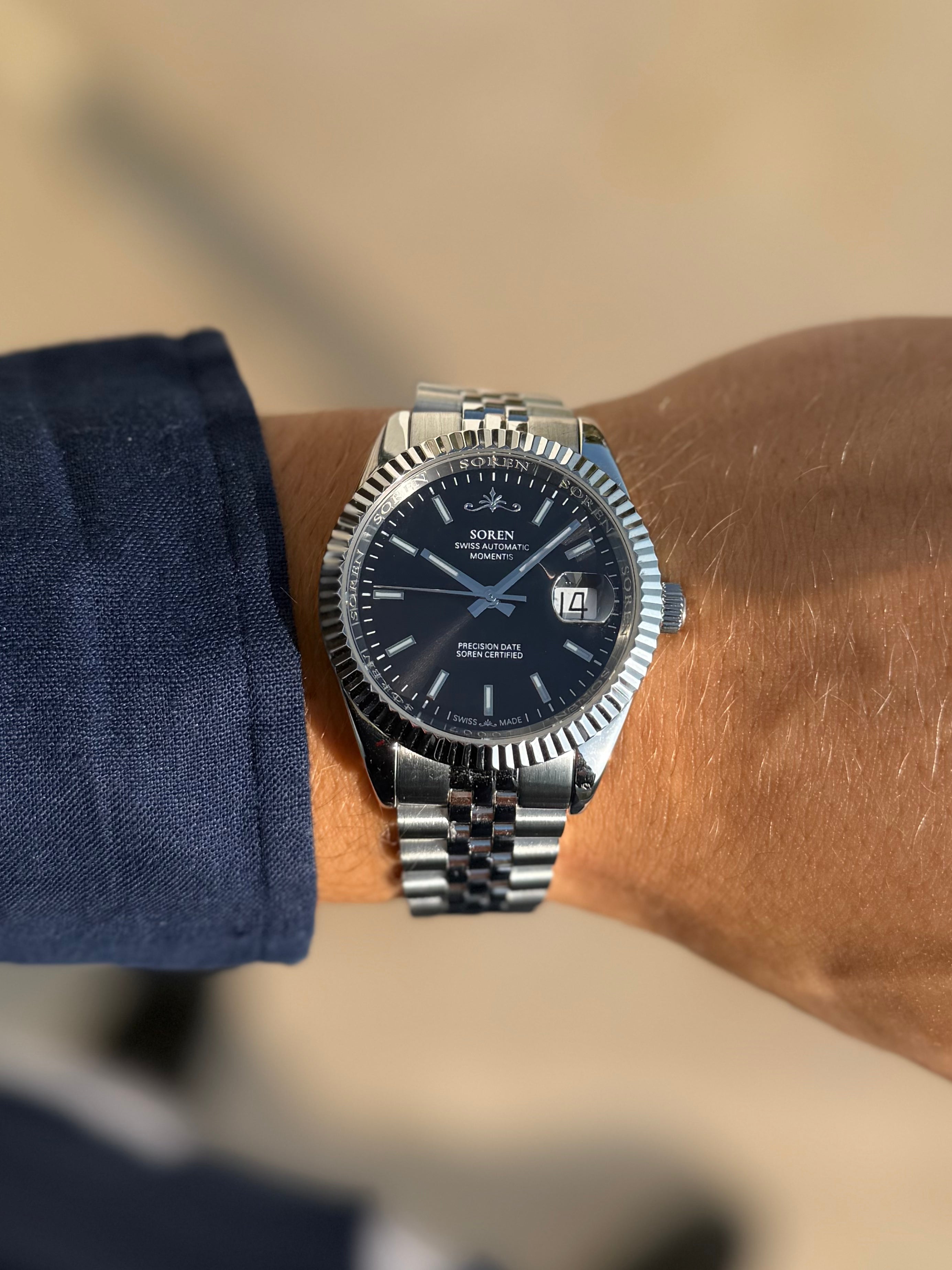 SOREN Momentis black dial Swiss Made automatic watch on Jubilee bracelet
