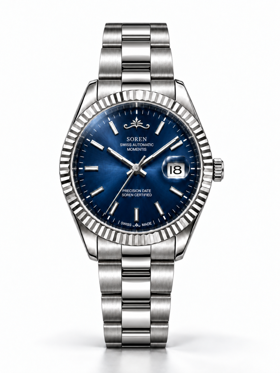 Soren Momentis Blue Swiss Made automatic watch — 3-link bracelet, fluted bezel, 40mm