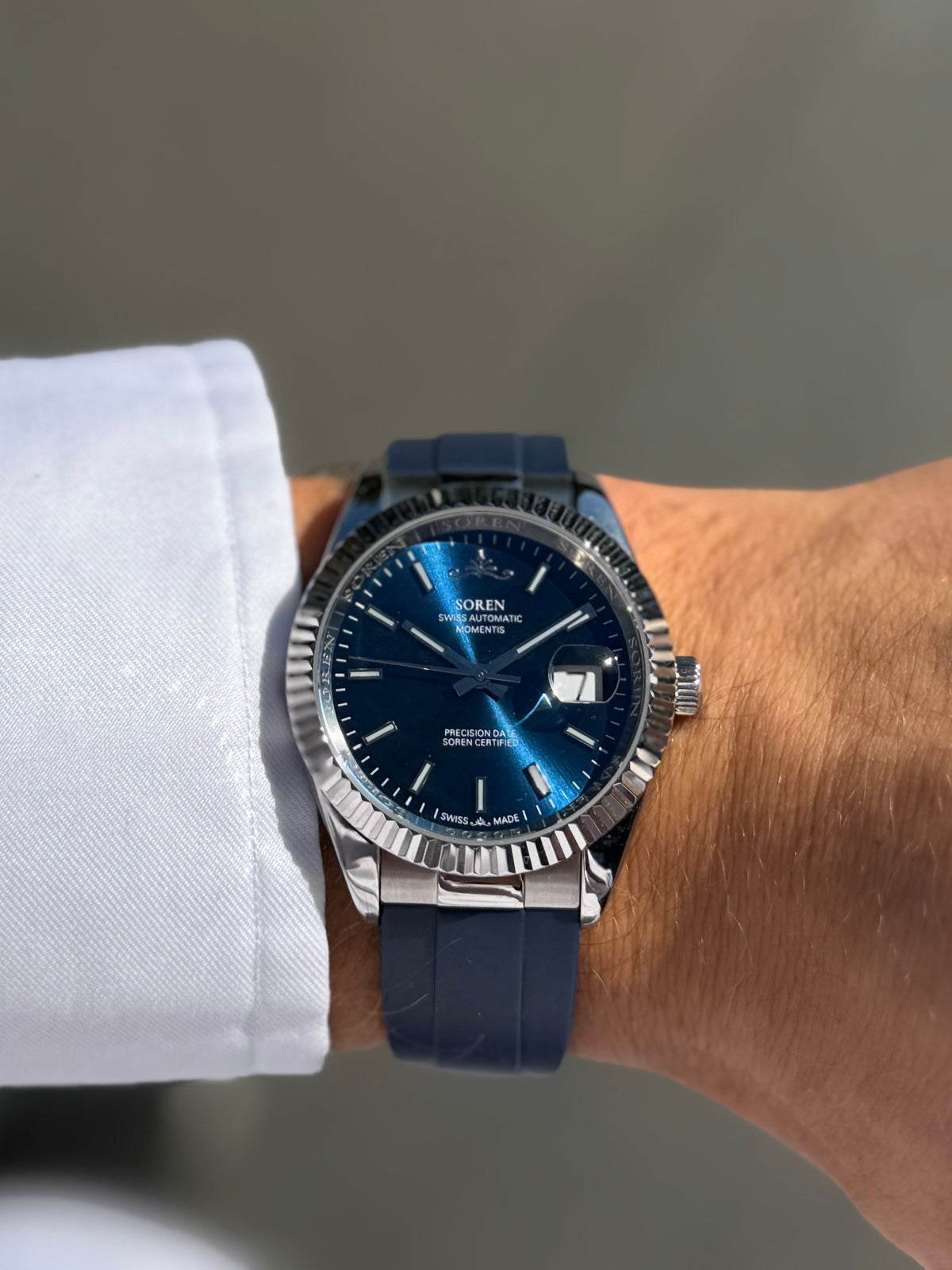 SOREN Momentis blue dial Swiss Made automatic watch on FKM rubber strap
