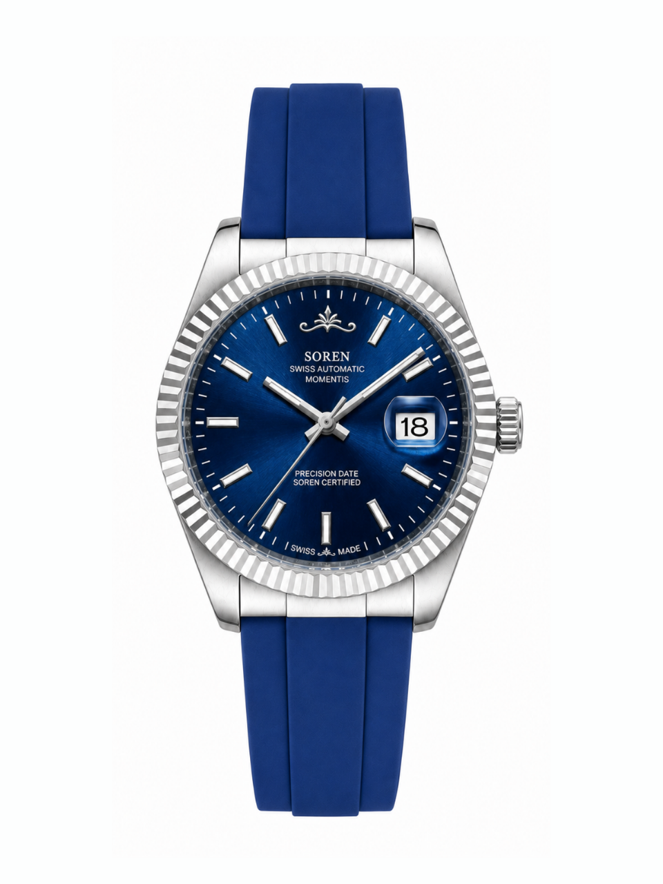Soren Momentis Blue Swiss Made automatic watch — FKM rubber bracelet, fluted bezel, 40mm