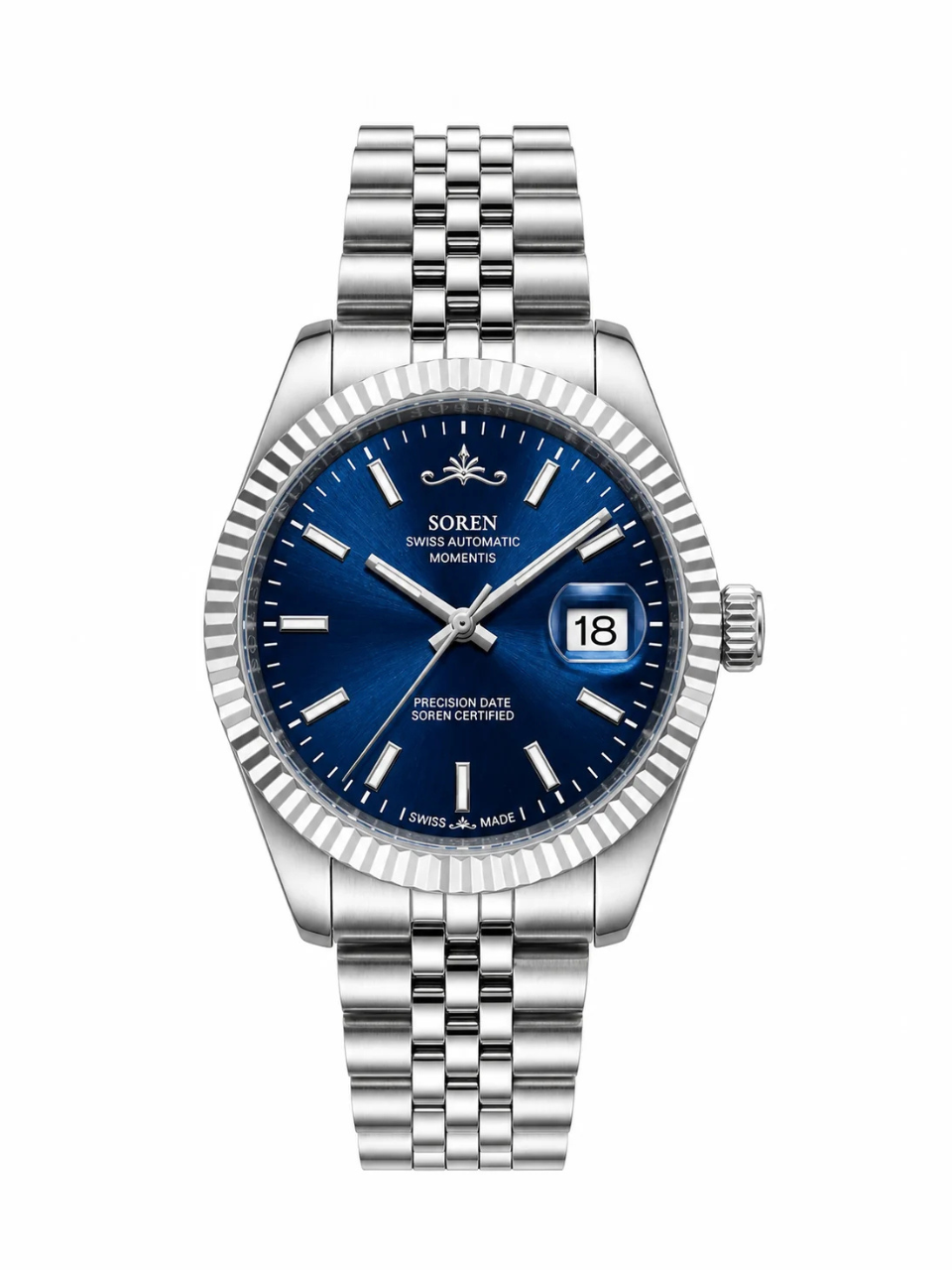 Soren Momentis Blue Swiss Made automatic watch — jubilee bracelet, fluted bezel, 40mm
