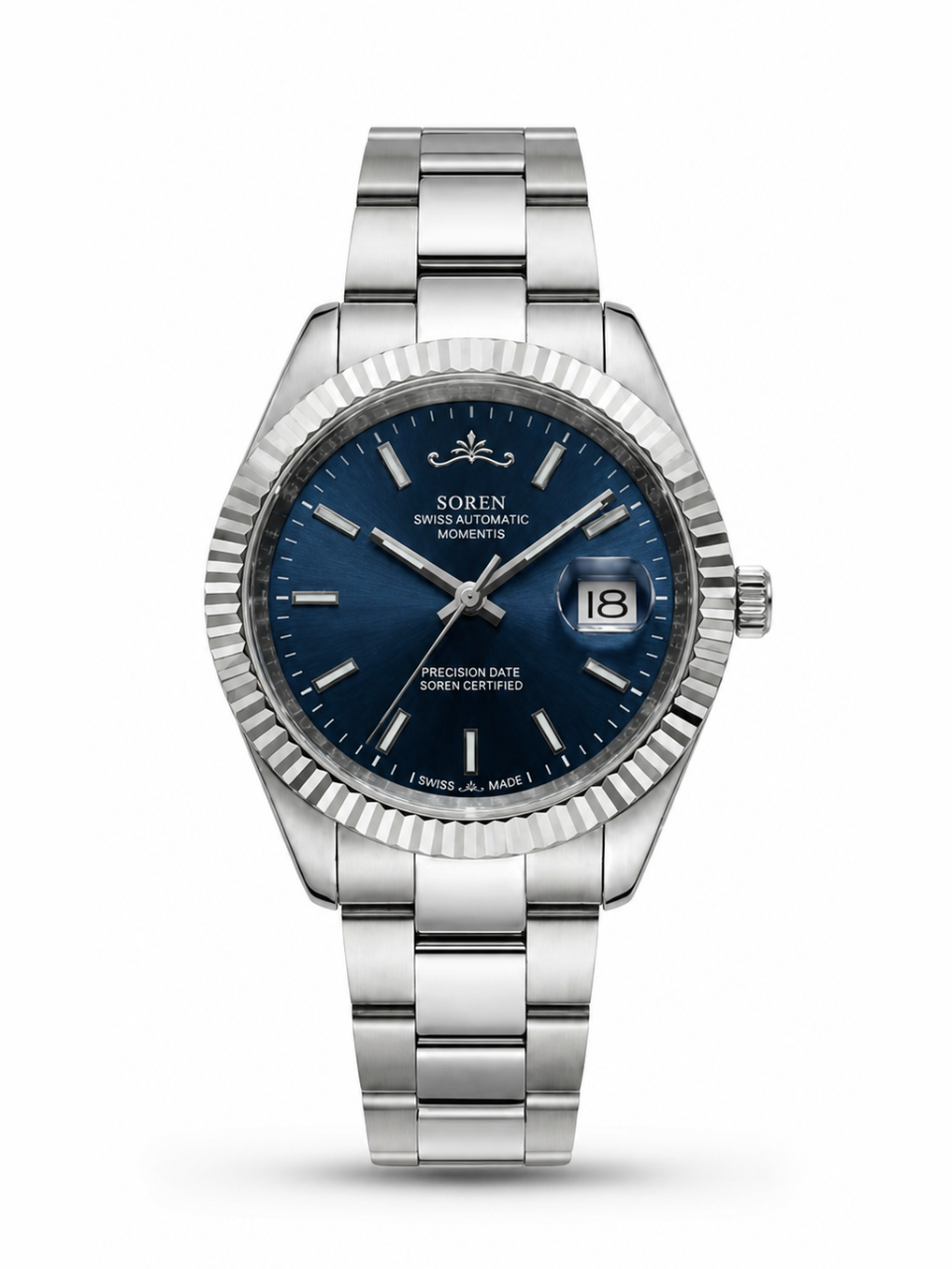 Soren Momentis Blue Swiss Made automatic watch — oyster bracelet, fluted bezel, 40mm