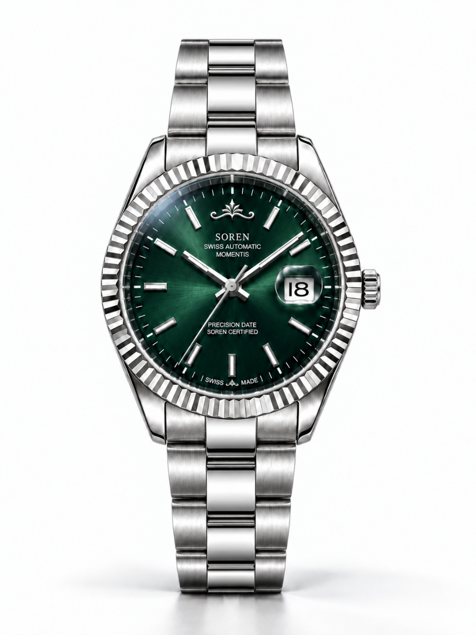 Soren Momentis Green Swiss Made automatic watch — 3-link bracelet, fluted bezel, 40mm