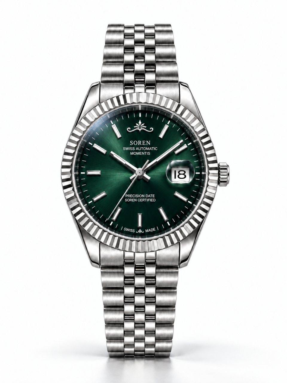 Soren Momentis Green Swiss Made automatic watch — 5-link bracelet, fluted bezel, 40mm