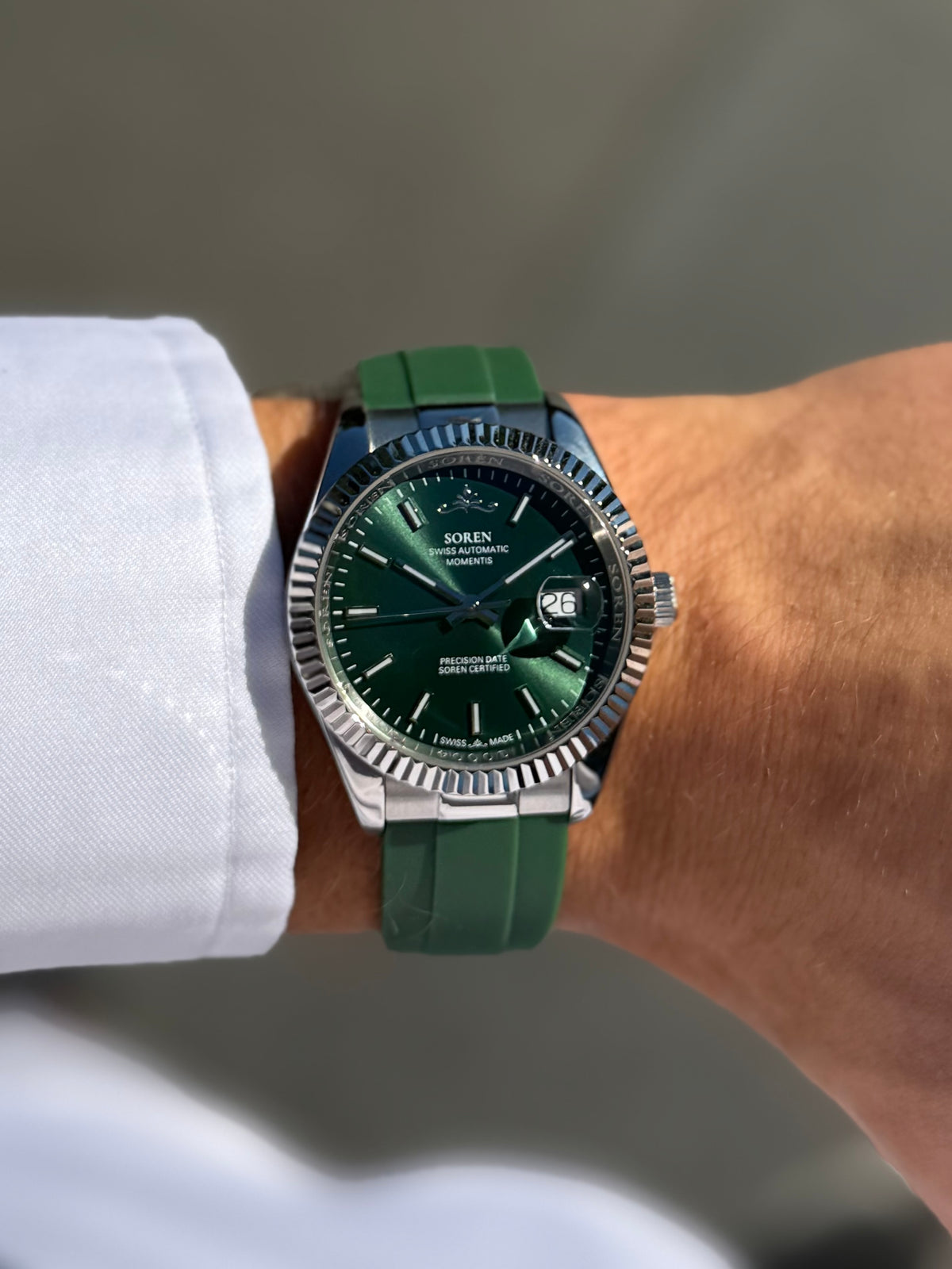SOREN Momentis green dial Swiss Made automatic watch on FKM rubber strap