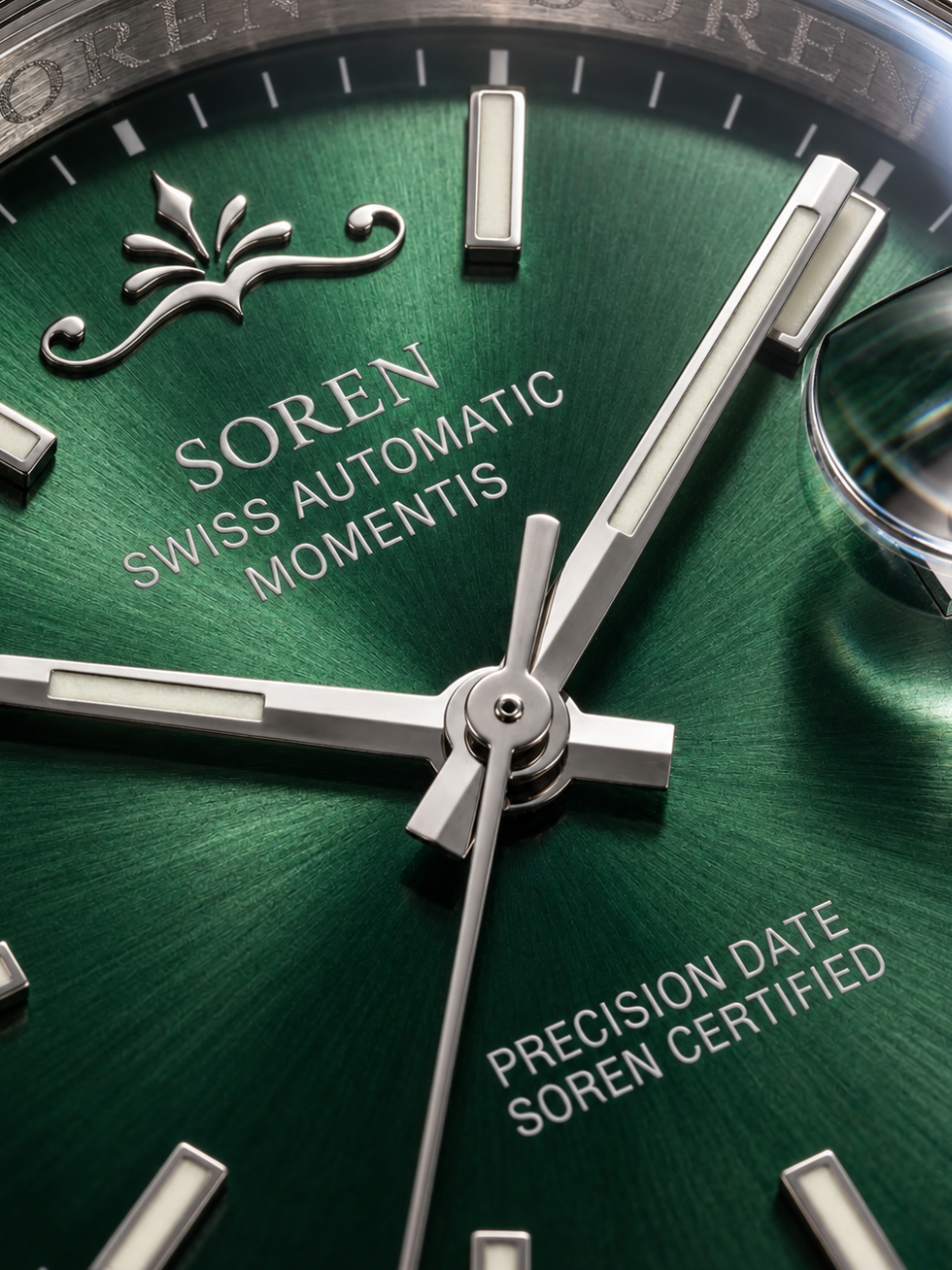 Soren Momentis Green dial close-up — sapphire crystal, date at 3 o'clock
