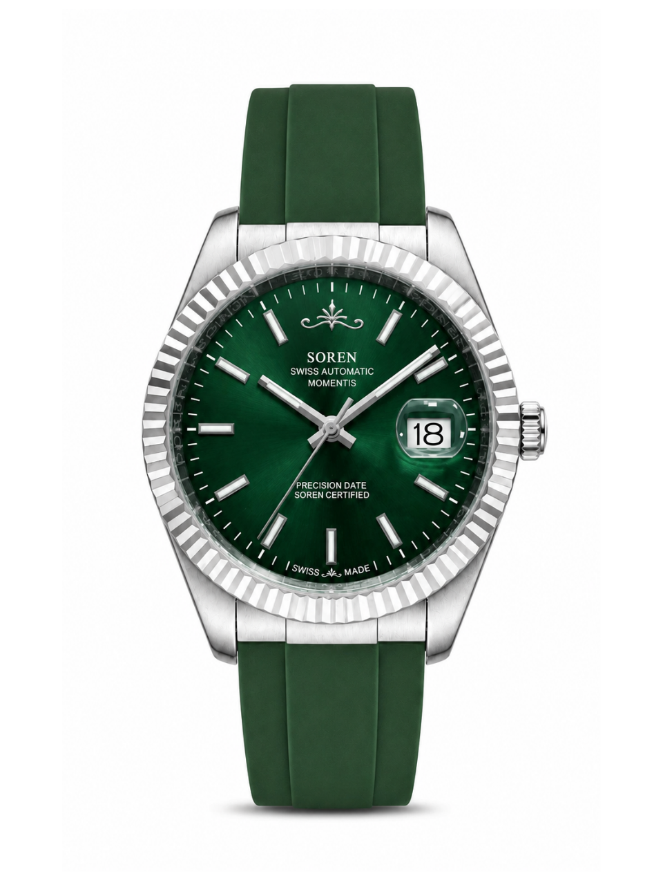 Soren Momentis Green Swiss Made automatic watch — FKM rubber bracelet, fluted bezel, 40mm