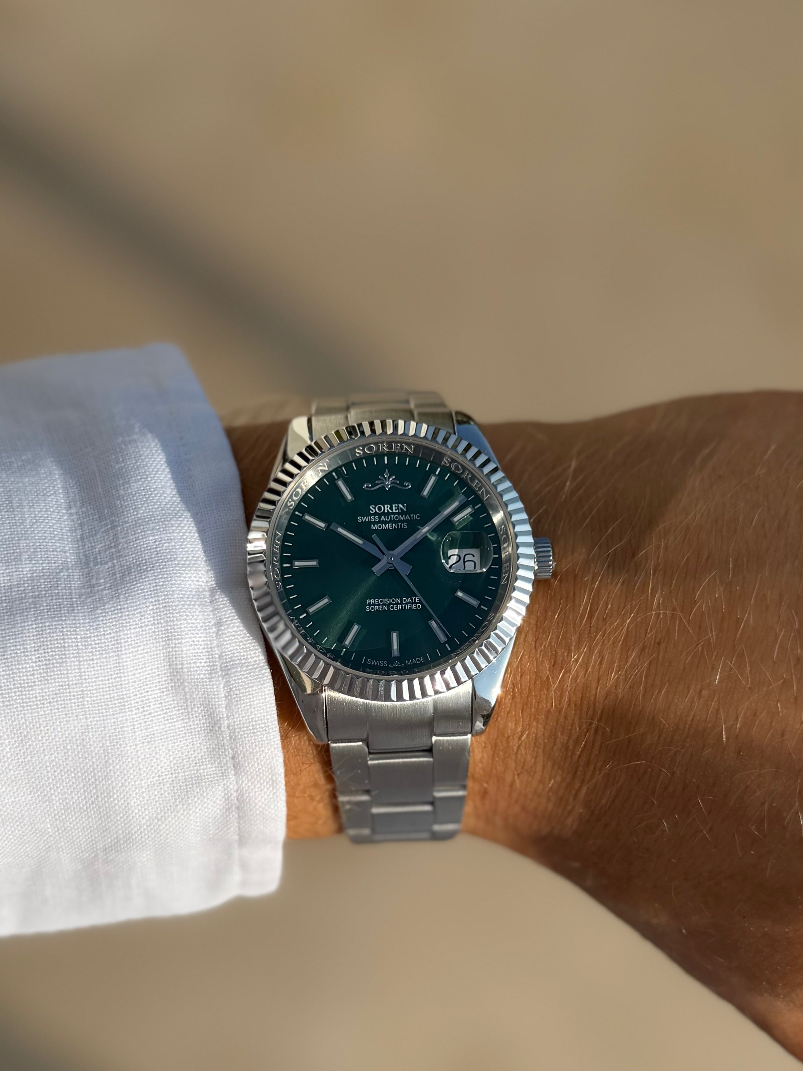 SOREN Momentis green dial Swiss Made automatic watch on Oyster bracelet