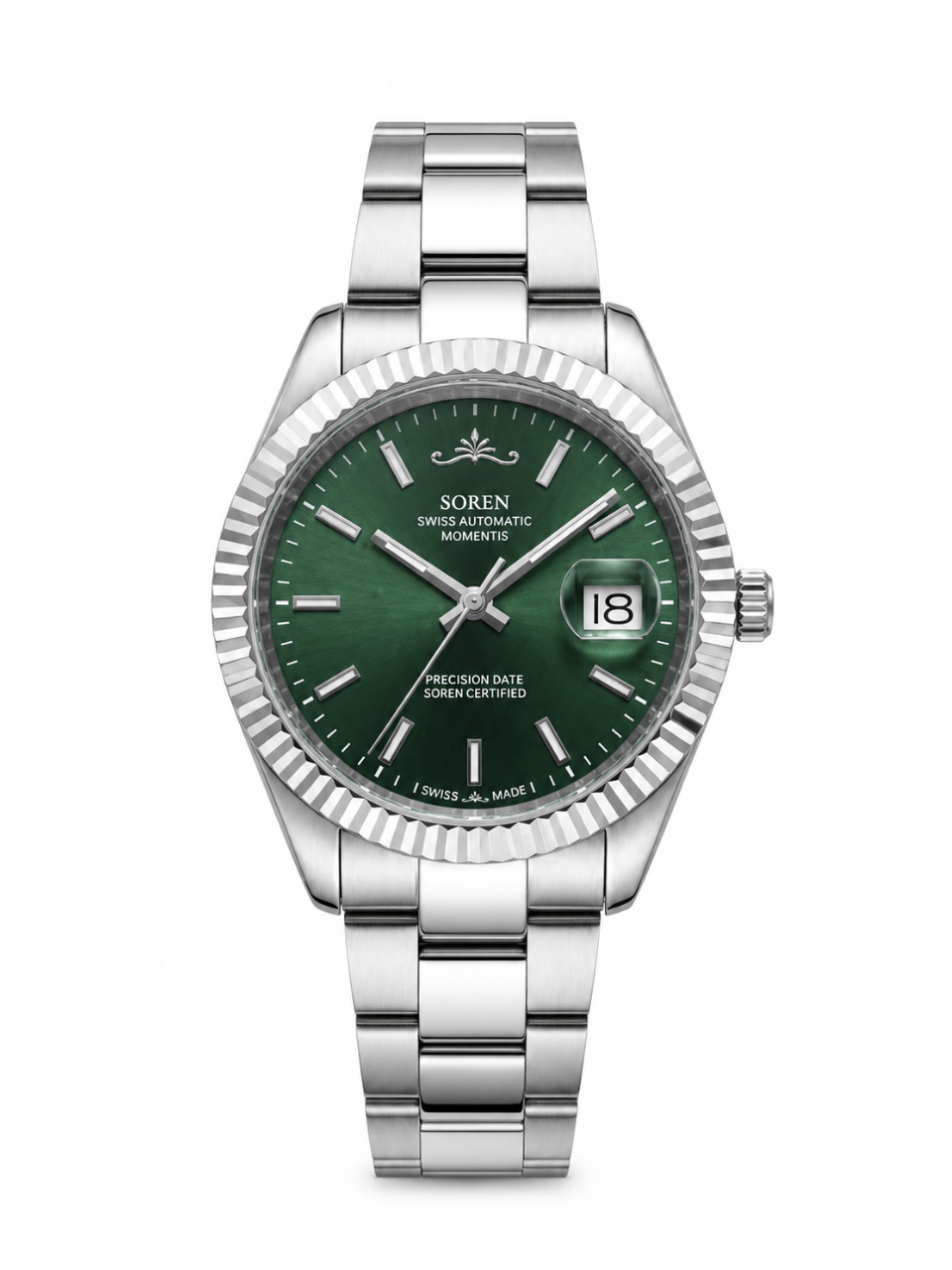 Soren Momentis Green Swiss Made automatic watch — oyster bracelet, fluted bezel, 40mm