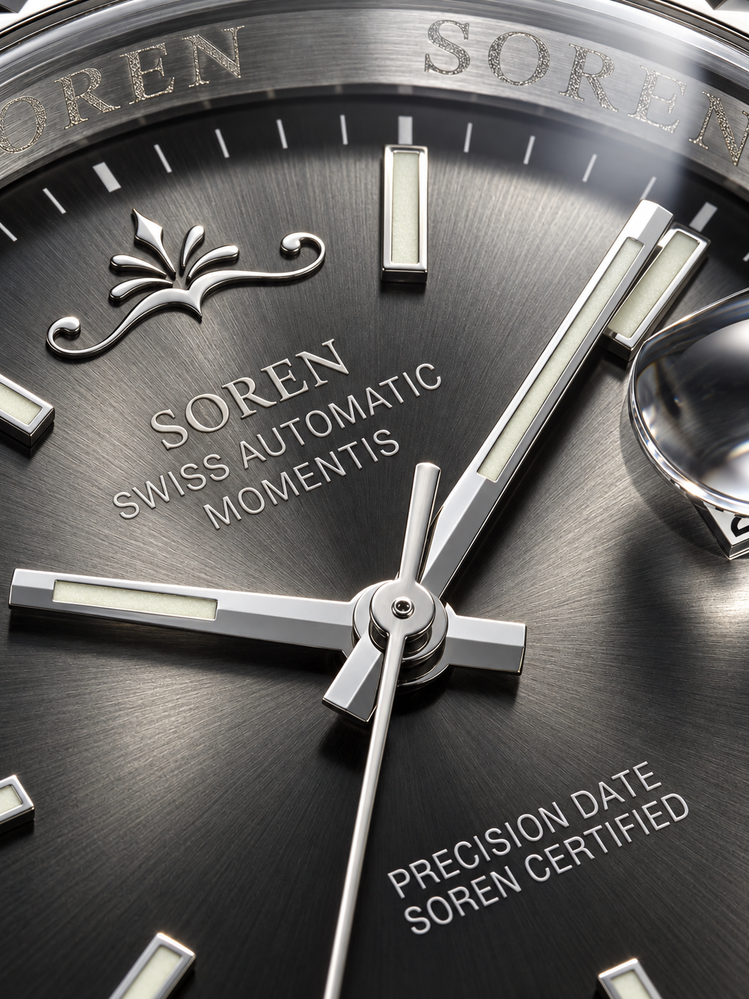 Soren Momentis Grey dial close-up — sapphire crystal, date at 3 o'clock