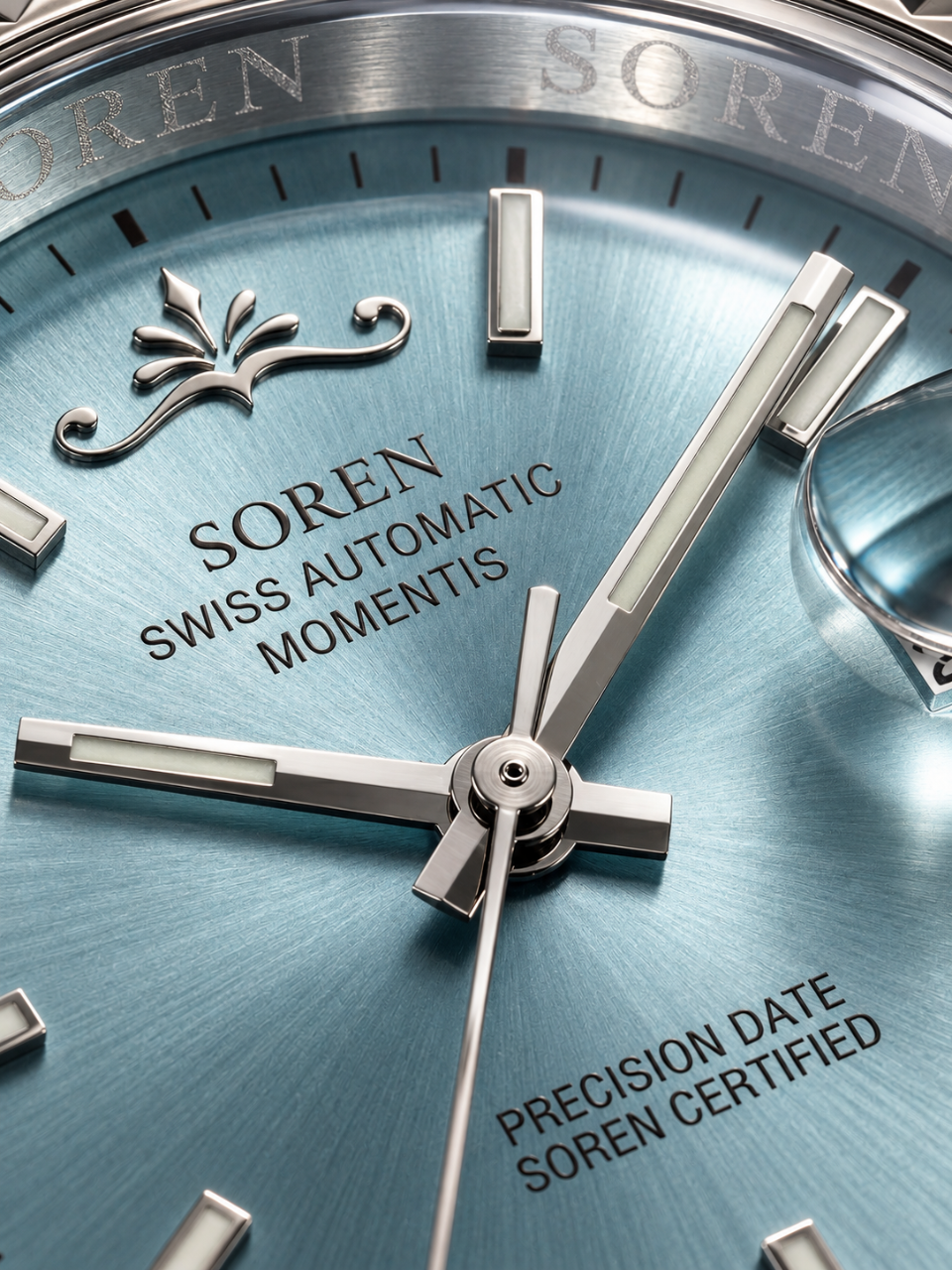 Soren Momentis Ice Blue dial close-up — sapphire crystal, date at 3 o'clock