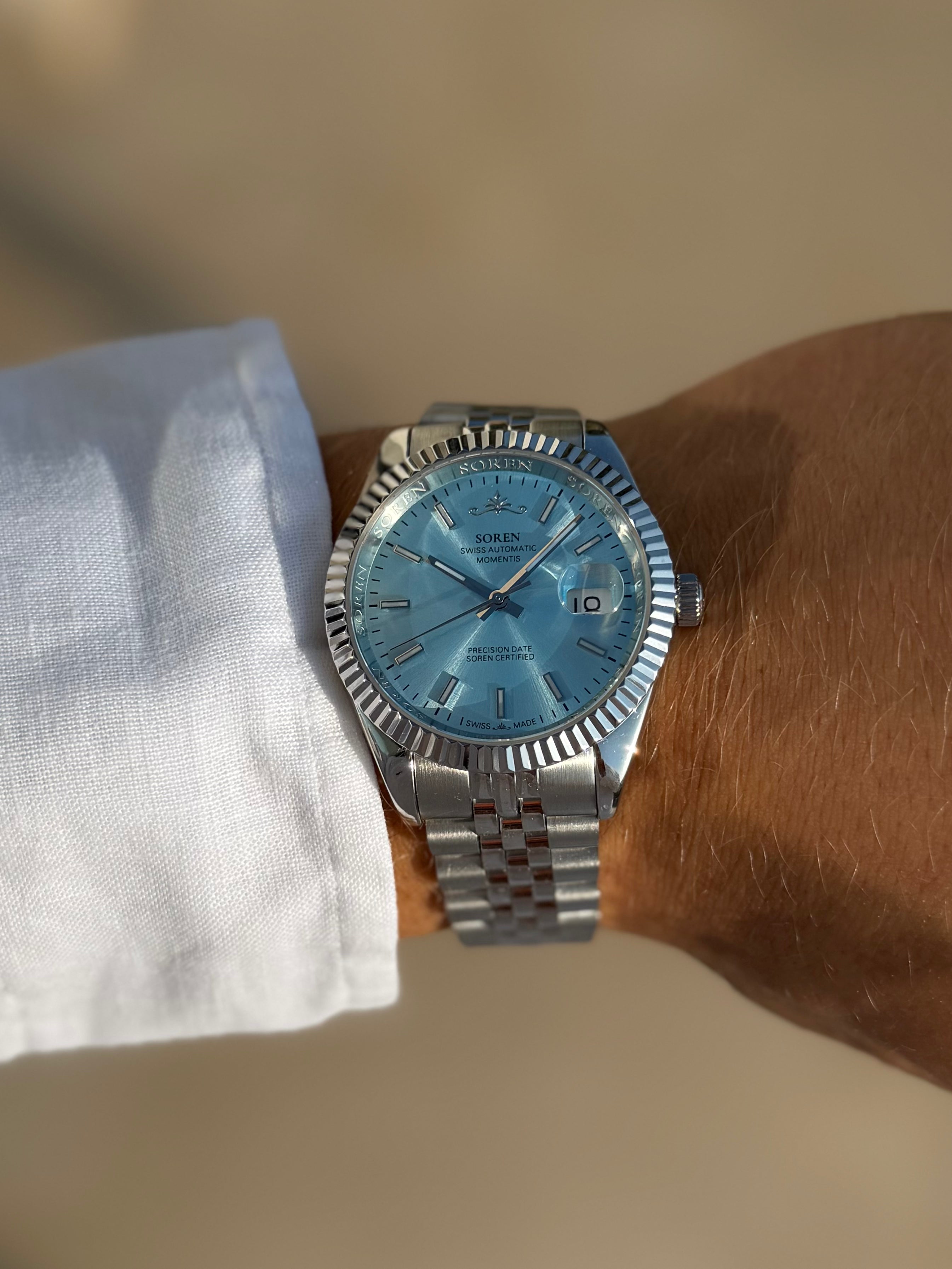 SOREN Momentis ice blue dial Swiss Made automatic watch on Jubilee bracelet