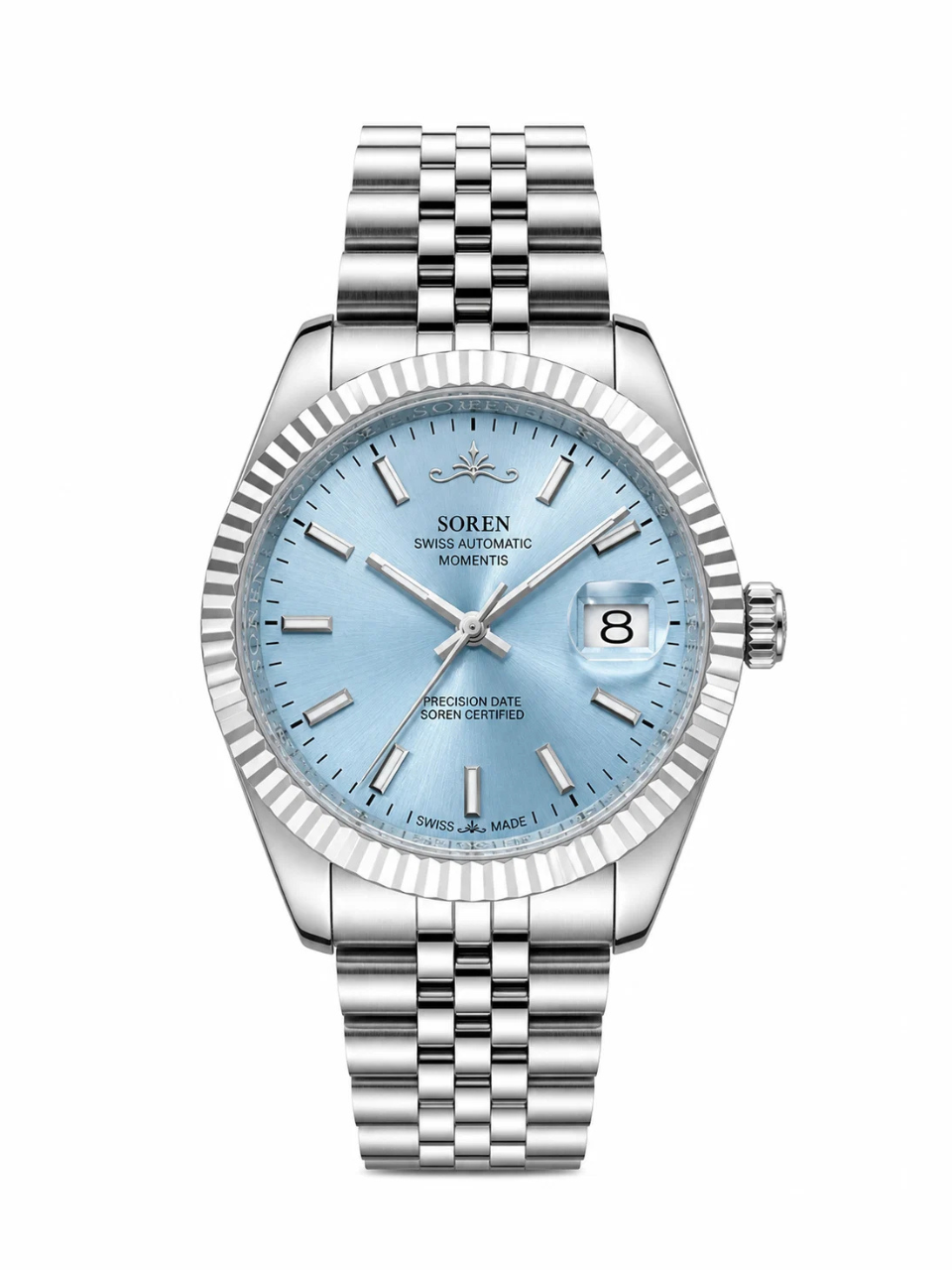 Soren Momentis Ice Blue Swiss Made automatic watch — jubilee bracelet, fluted bezel, 40mm