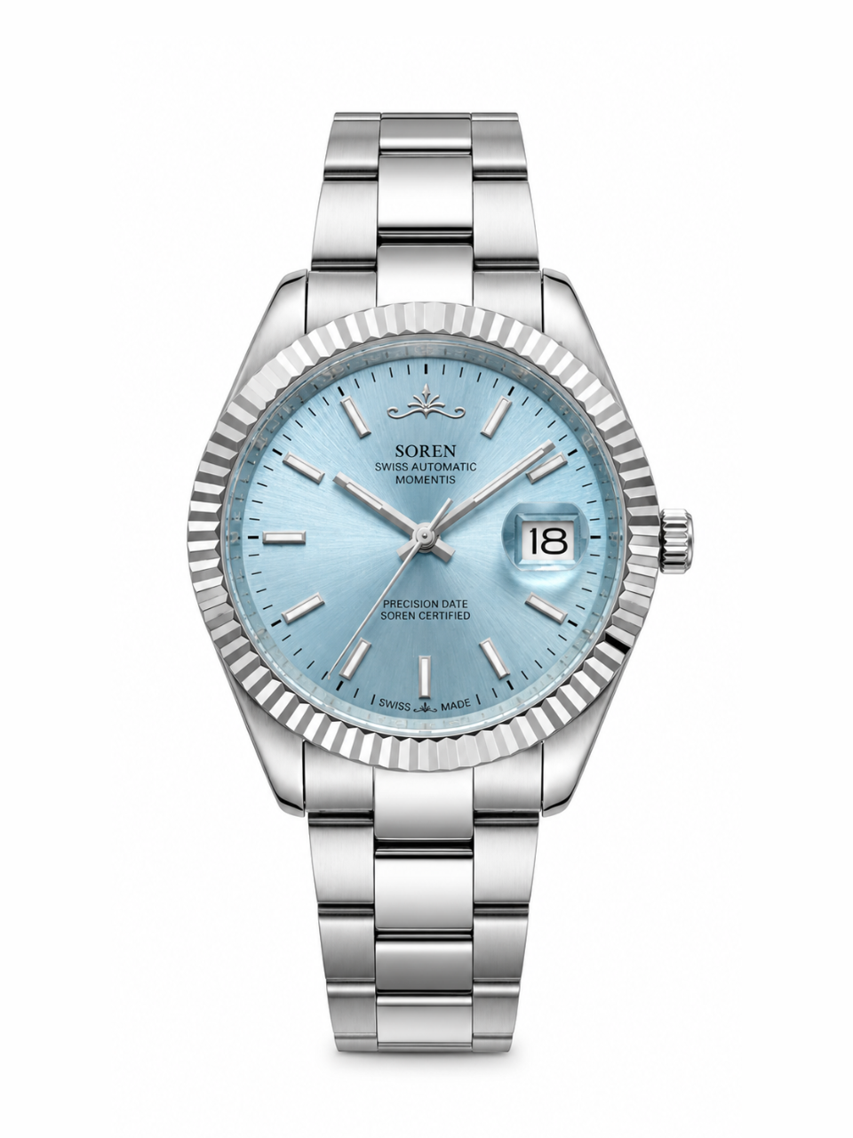 Soren Momentis Ice Blue Swiss Made automatic watch — oyster bracelet, fluted bezel, 40mm
