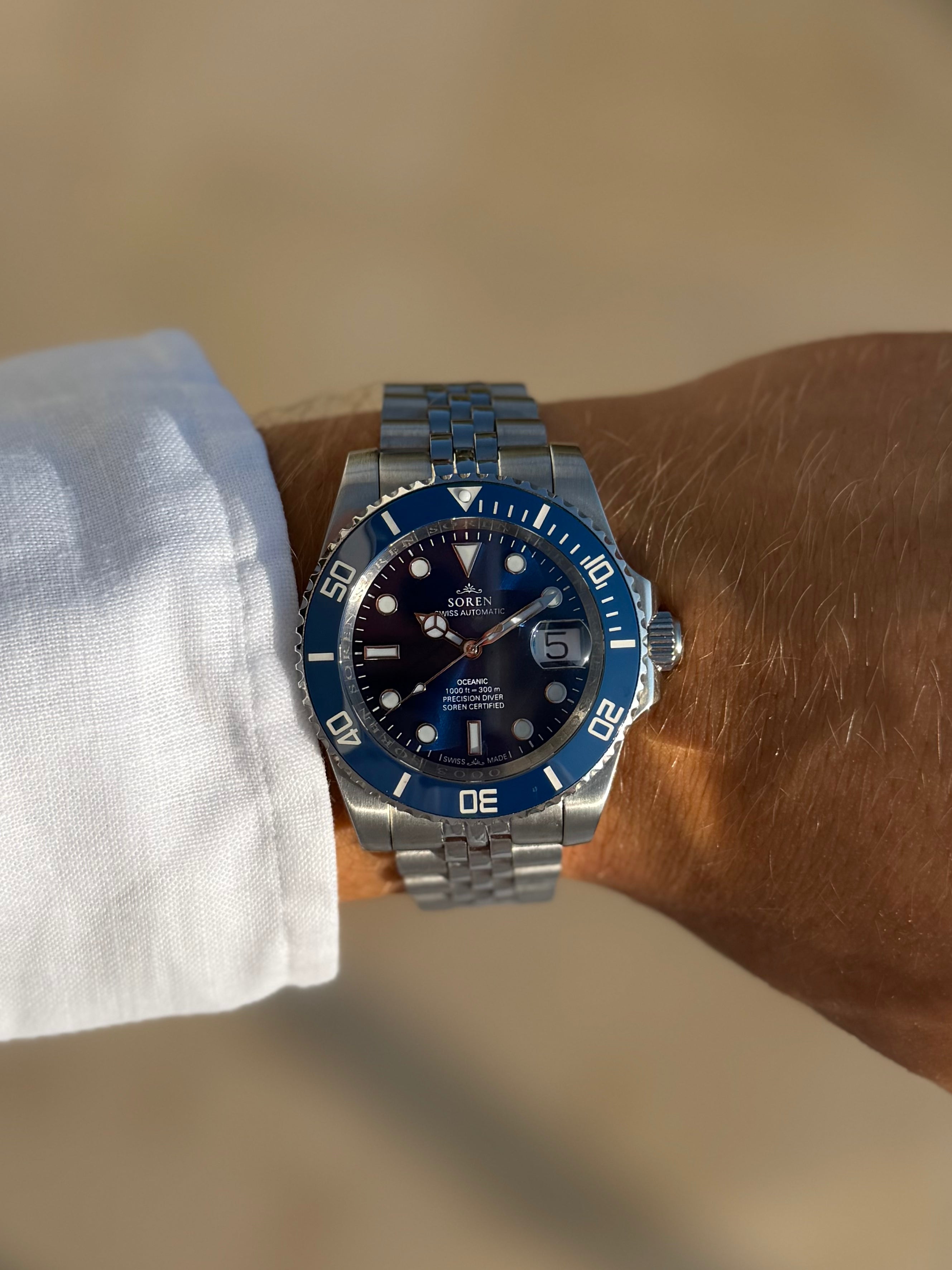 SOREN Oceanic all blue Swiss Made automatic dive watch on Jubilee bracelet