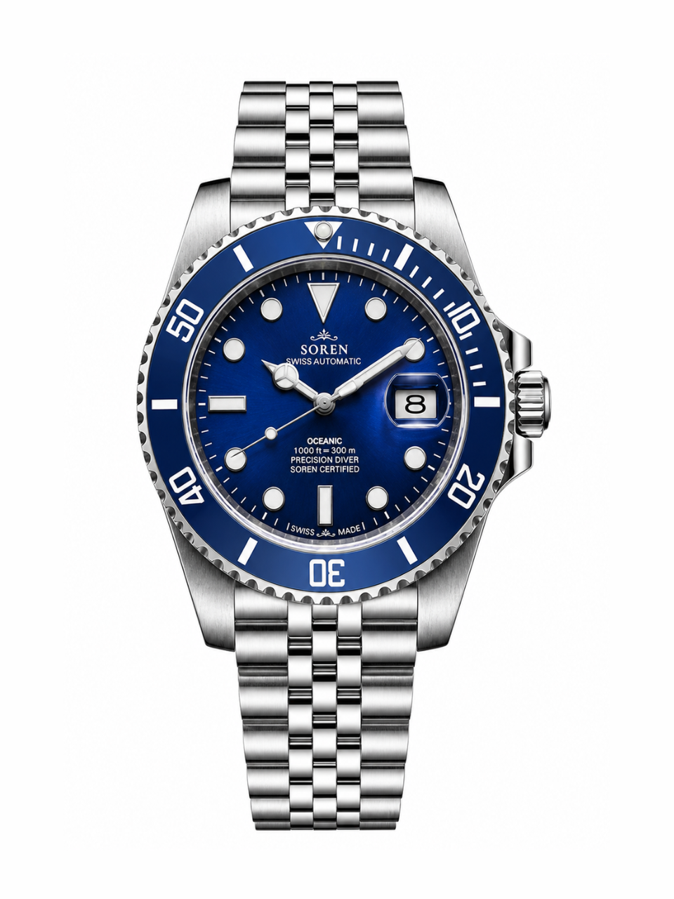 Soren Oceanic All Blue Swiss Made automatic watch — jubilee bracelet, ceramic bezel, 40mm