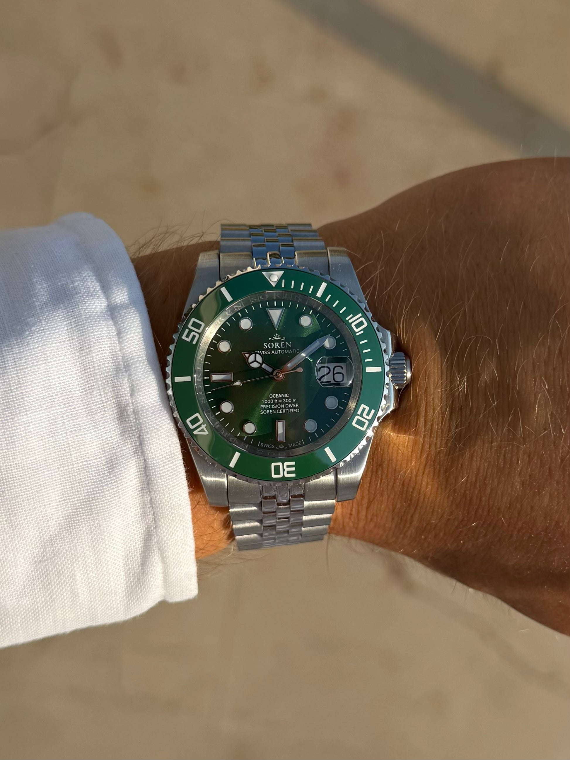 SOREN Oceanic all green Swiss Made automatic dive watch on Jubilee bracelet