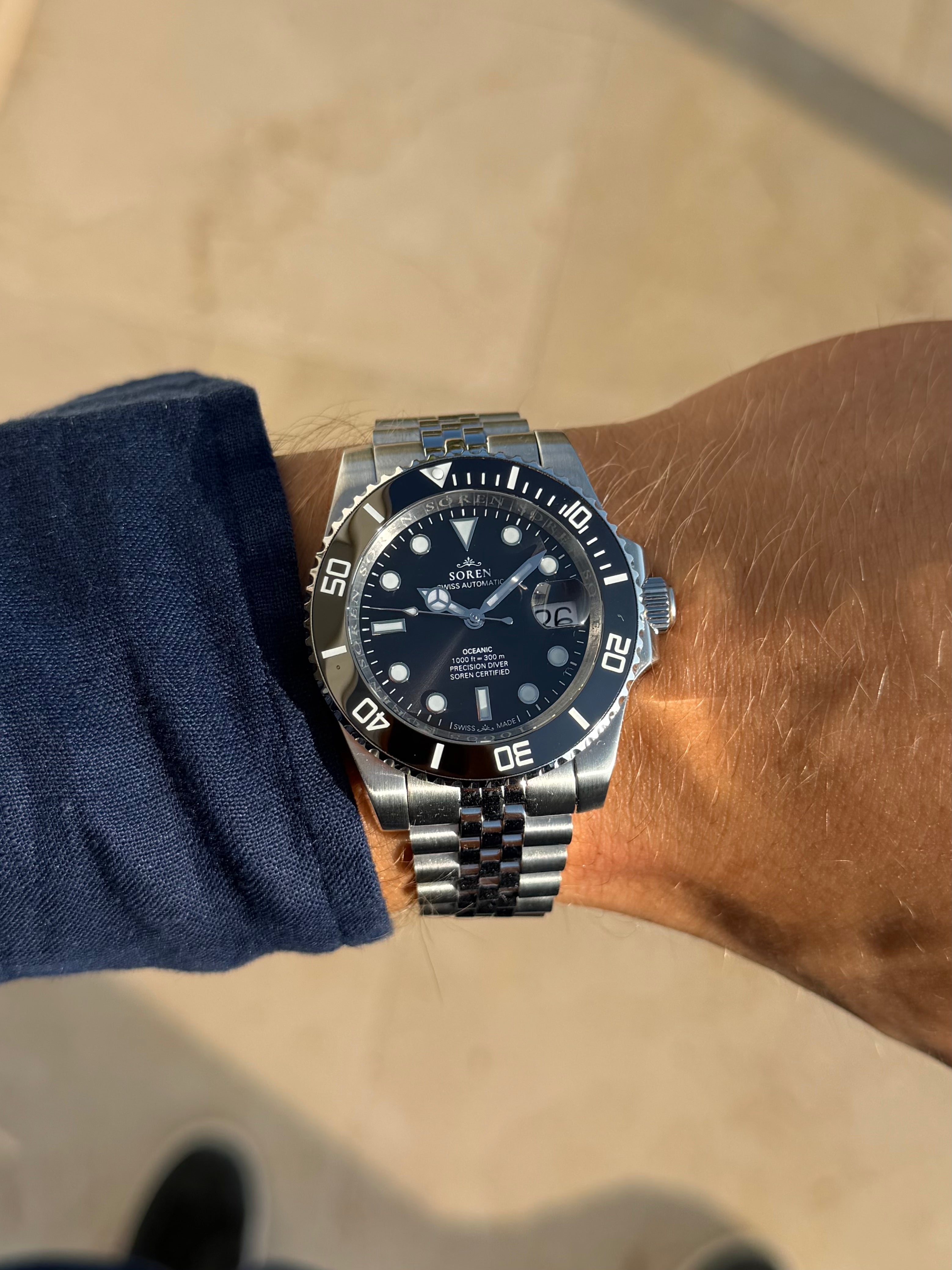 SOREN Oceanic black dial Swiss Made automatic dive watch on Jubilee bracelet