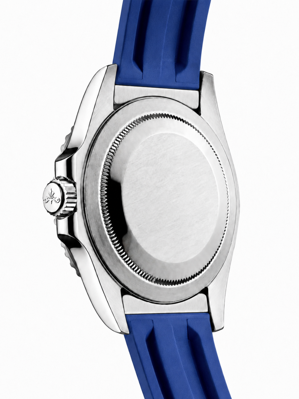 Soren Oceanic solid stainless steel caseback with blue FKM rubber strap