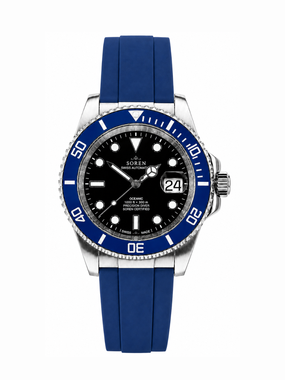 Soren Oceanic Blue Swiss Made automatic watch — FKM rubber bracelet, ceramic bezel, 40mm