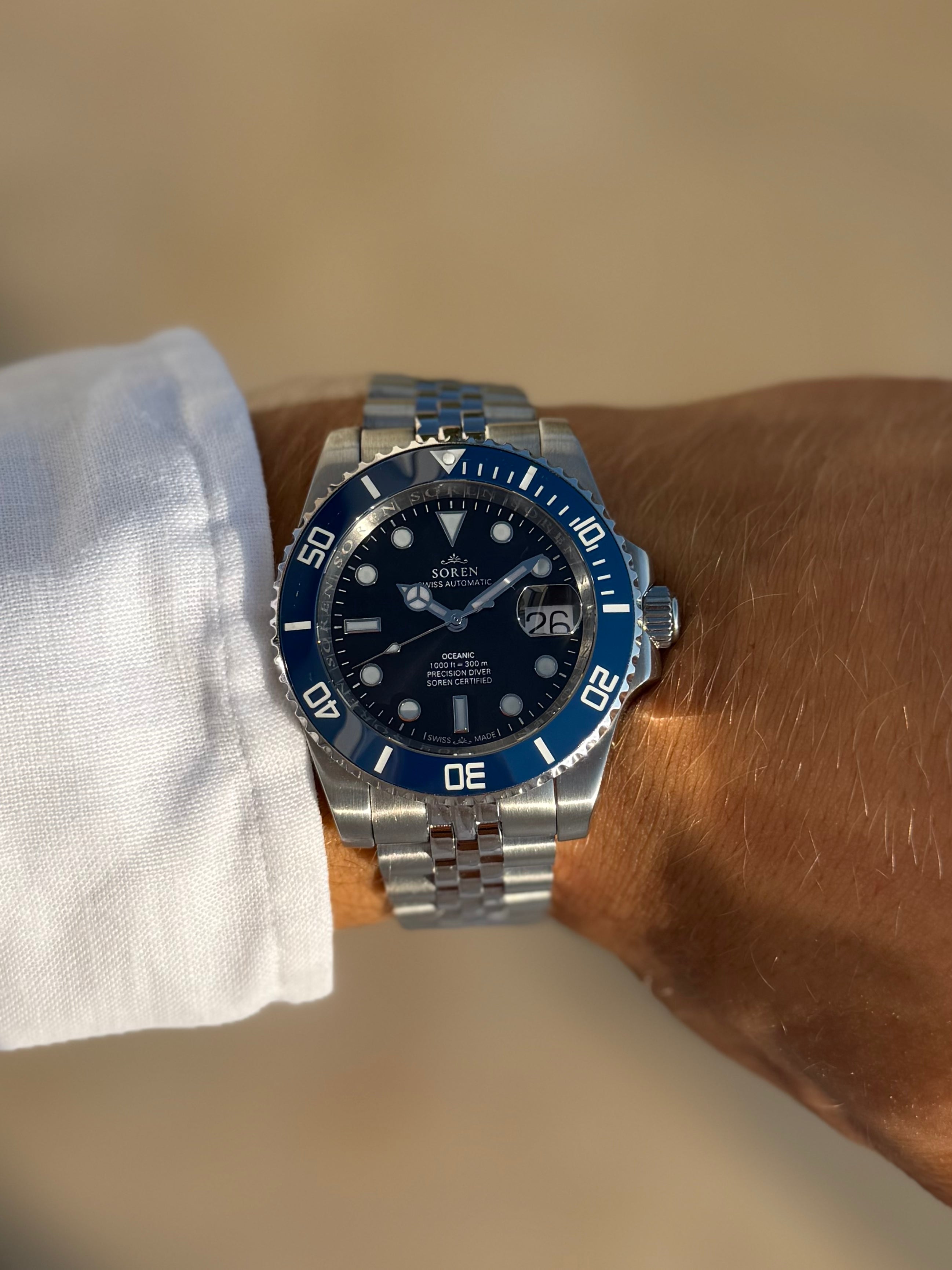SOREN Oceanic blue dial Swiss Made automatic dive watch on Jubilee bracelet