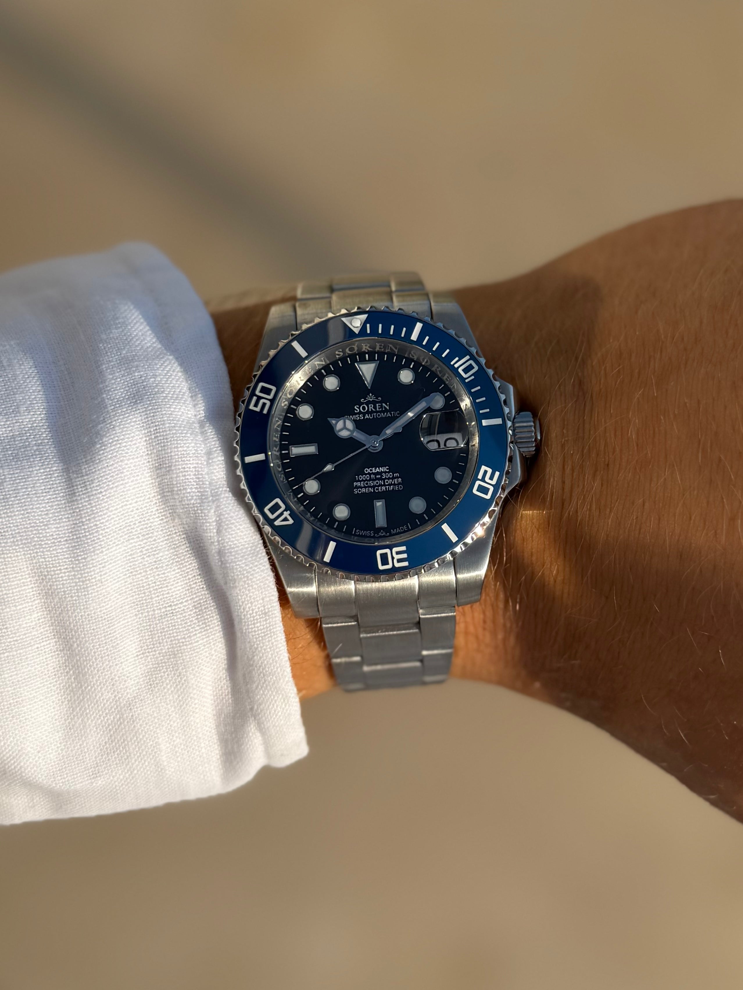 SOREN Oceanic blue dial Swiss Made automatic dive watch on Oyster bracelet