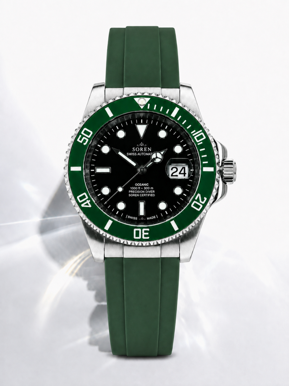 Soren Oceanic Green 40mm case — 316L stainless steel, ceramic bezel