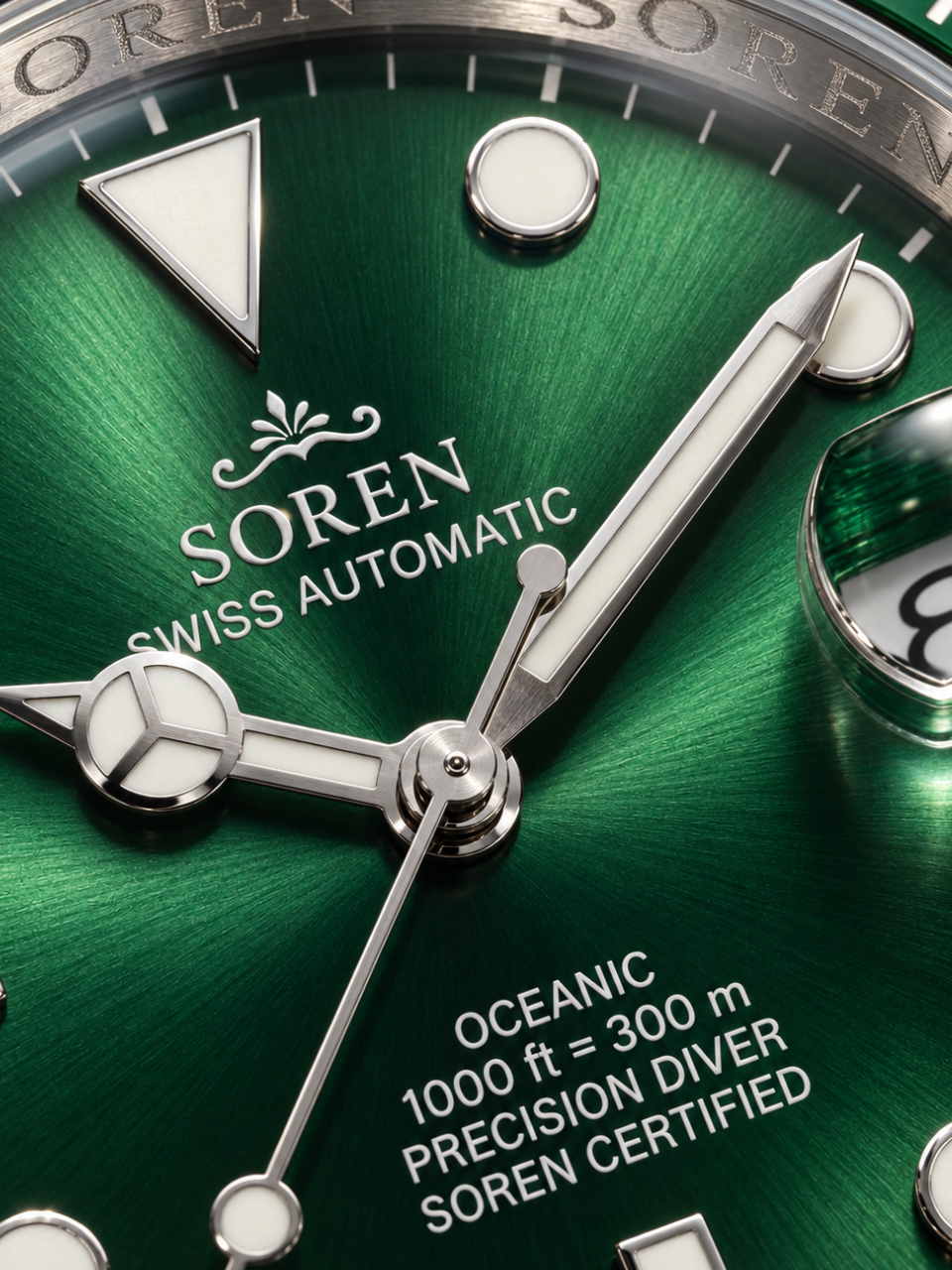 Soren Oceanic Green dial close-up — sapphire crystal, date at 3 o'clock