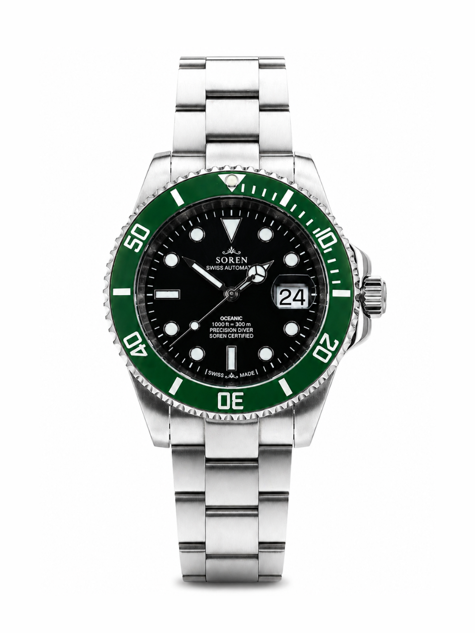 Soren Oceanic Green Swiss Made automatic watch — oyster bracelet, ceramic bezel, 40mm