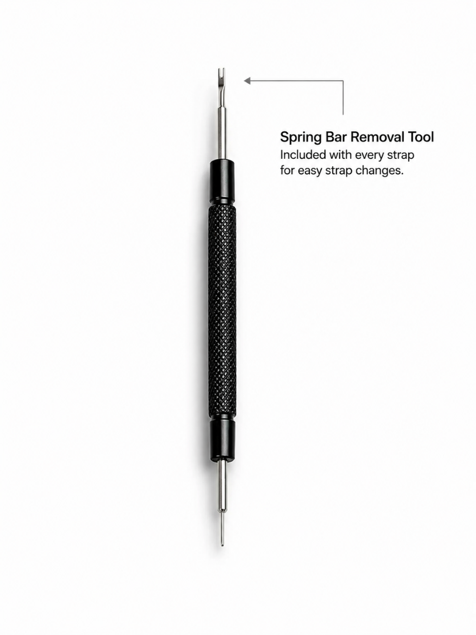A black springbar tool to remove the springbar and change the strap