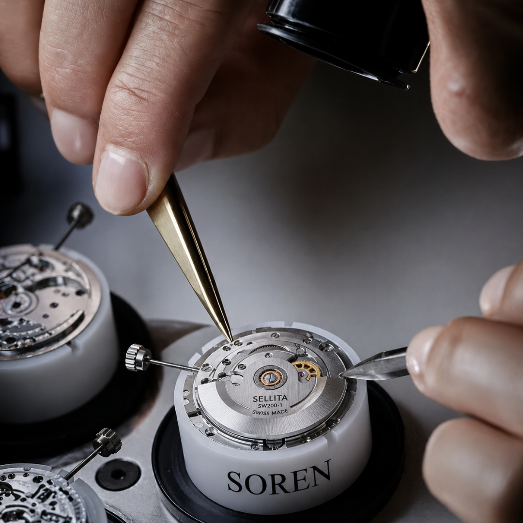 Sellita SW200-1 automatic movement on a SOREN service plateau