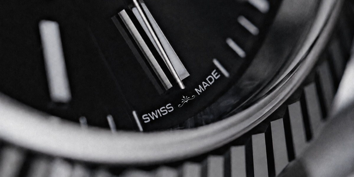 The Swiss Made label at the bottom of a Soren watch dial