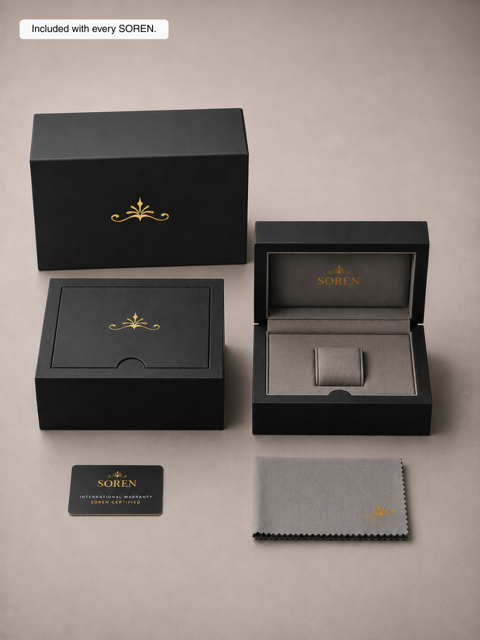 Everything included with a Soren watch purchase: watch box, warranty card and microfiber cloth
