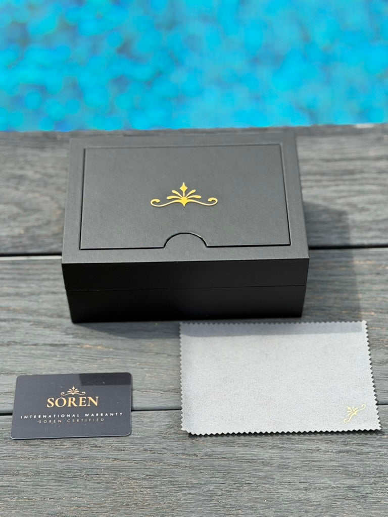 Soren watch gift box with international warranty card and polishing cloth