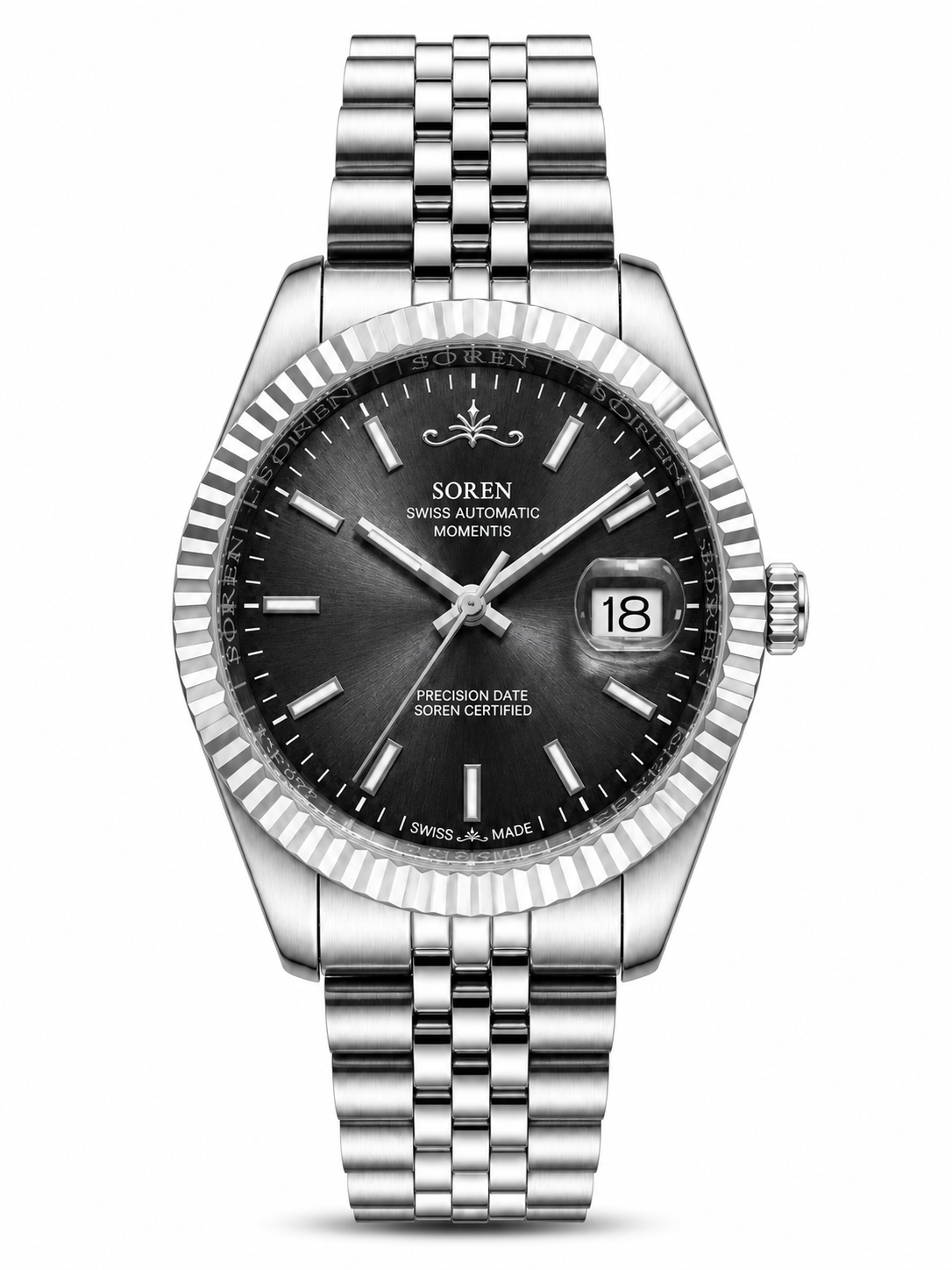 Soren Momentis Grey Swiss Made automatic watch — jubilee bracelet, fluted bezel, 40mm
