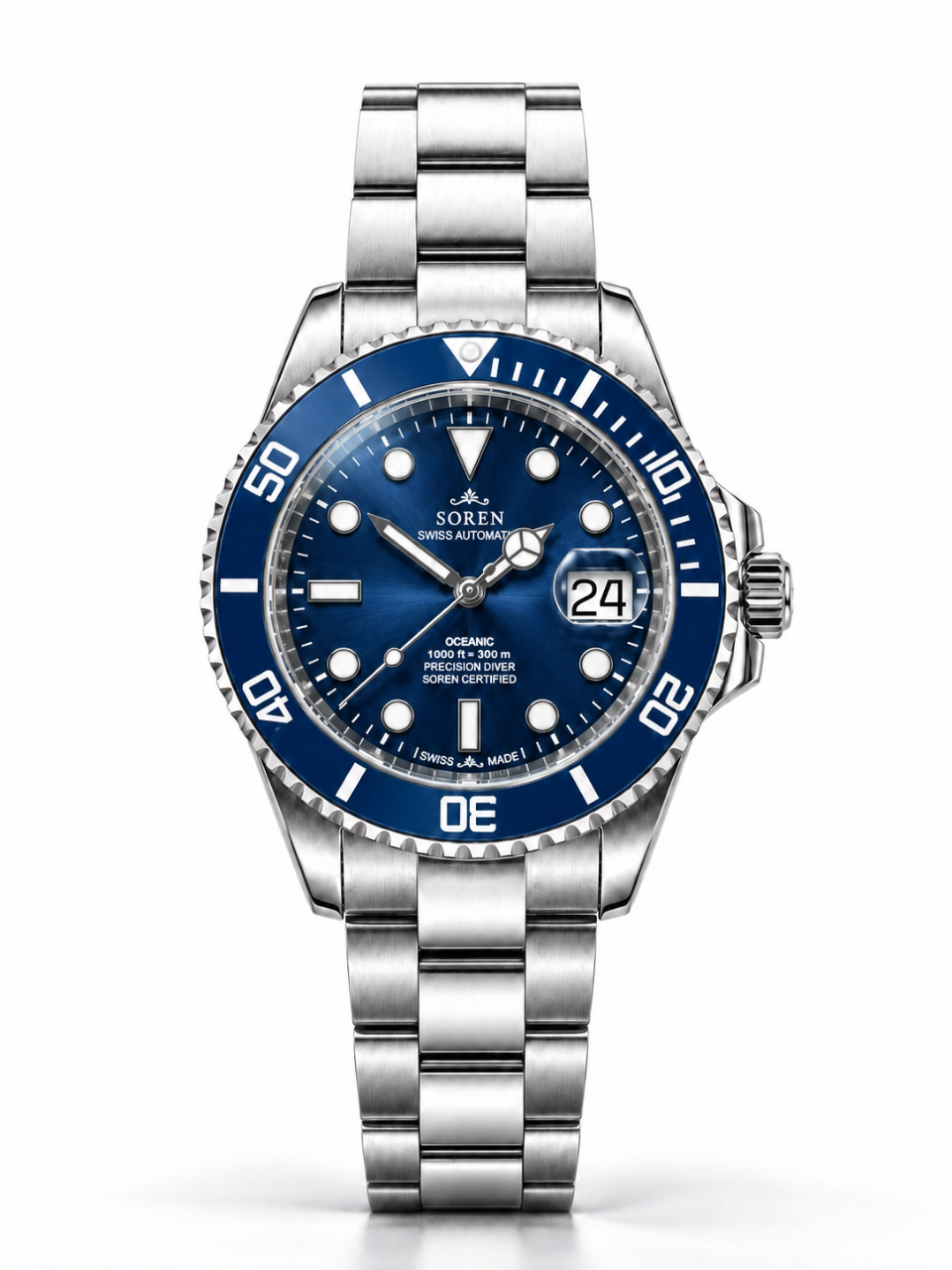 Soren Oceanic All Blue Swiss Made automatic watch — 3-link bracelet, ceramic bezel, 40mm
