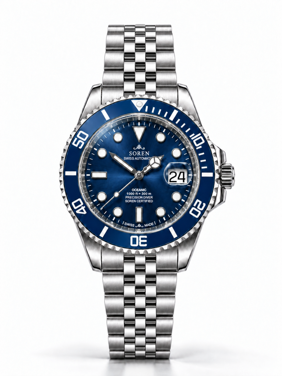 Soren Oceanic All Blue Swiss Made automatic watch — 5-link bracelet, ceramic bezel, 40mm
